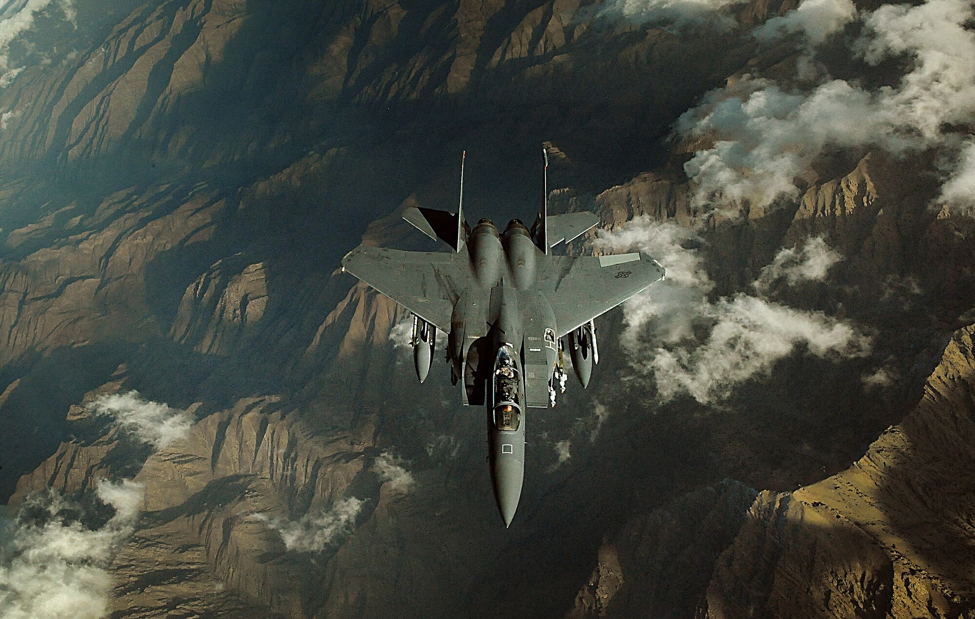 An F-15E Strike Eagle flies a combat mission over Afghanistan in support of Operation Enduring Freedom. The F-15E performs shows of force and provides close-air support for International Security Assistance Force ground operations. (U.S. Air Force photo/Staff Sgt. Aaron Allmon)  