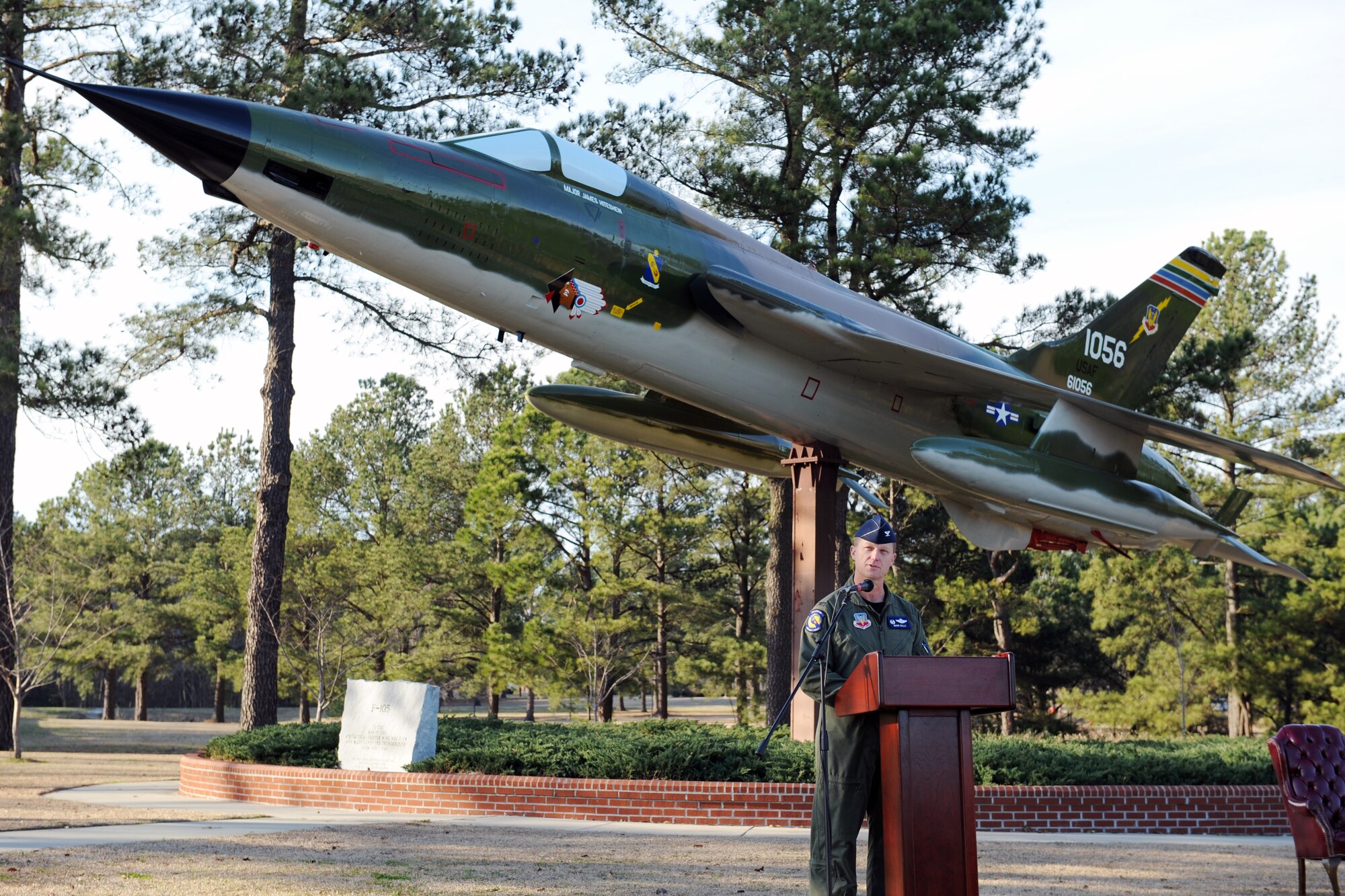 Colonel Mark D, Kelly, 4th Fighter Wing commander, thanks everyone for attending the dedication ceremony honoring Col. James Hiteshaw on Seymour Johnson Air Force Base, N.C., Feb. 13, 2009. The F-105 Thunderchief static display is dedicated in honor of Col. James Hiteshaw, 4th Fighter Wing aviator and Vietnam prisoner of war. (U.S. photo by Airman 1st Class Whitney Lambert)
