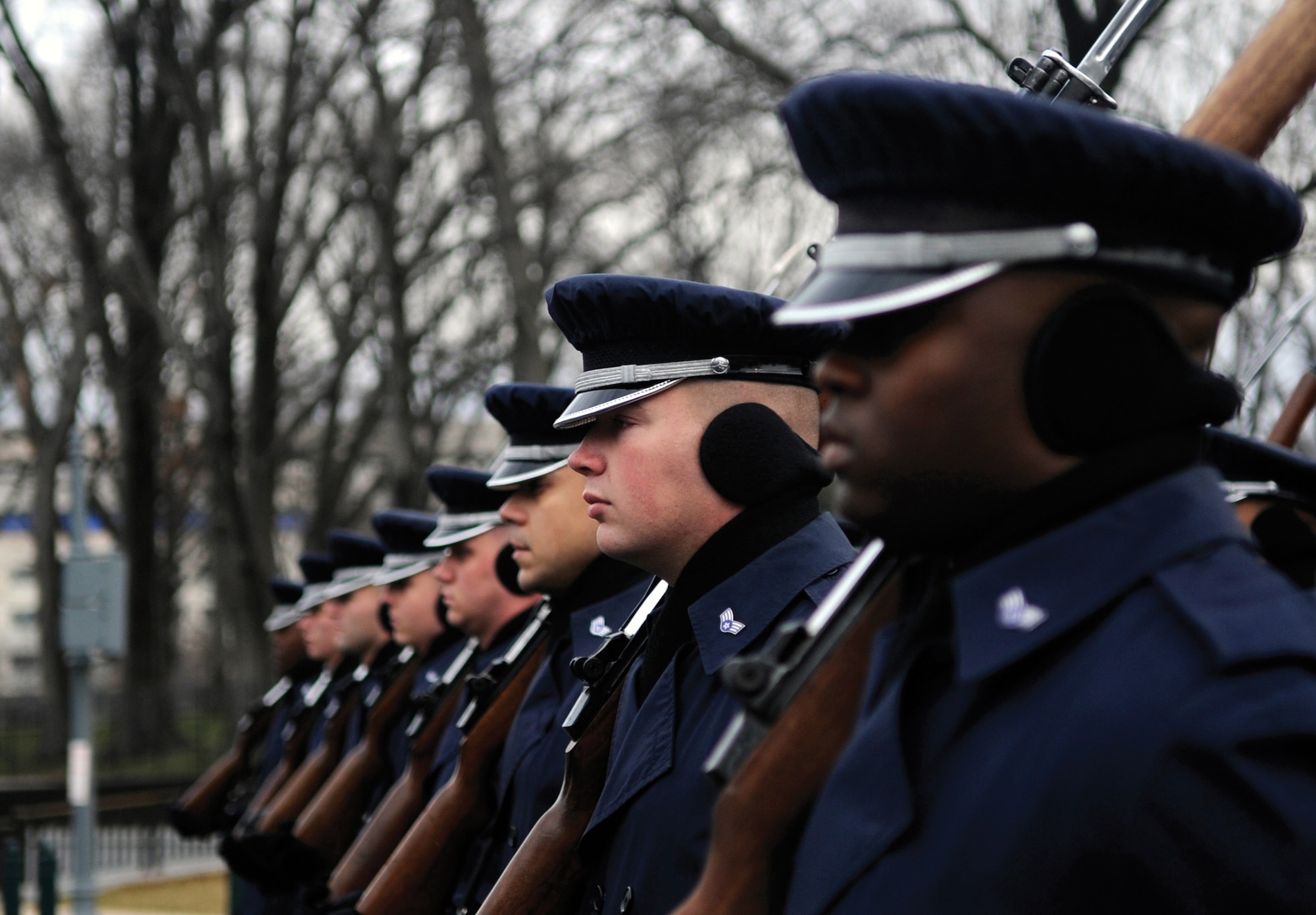 The Air Force Honor Guard rehearses parade movements in preparation for the 56th Presidential Inauguration in Washington, D.C. It is estimated that more than 37 million television veiwers tuned in to watch the presidential inauguration.  (U.S. Air Force photo/Master Sgt. Cecilio Ricardo)

