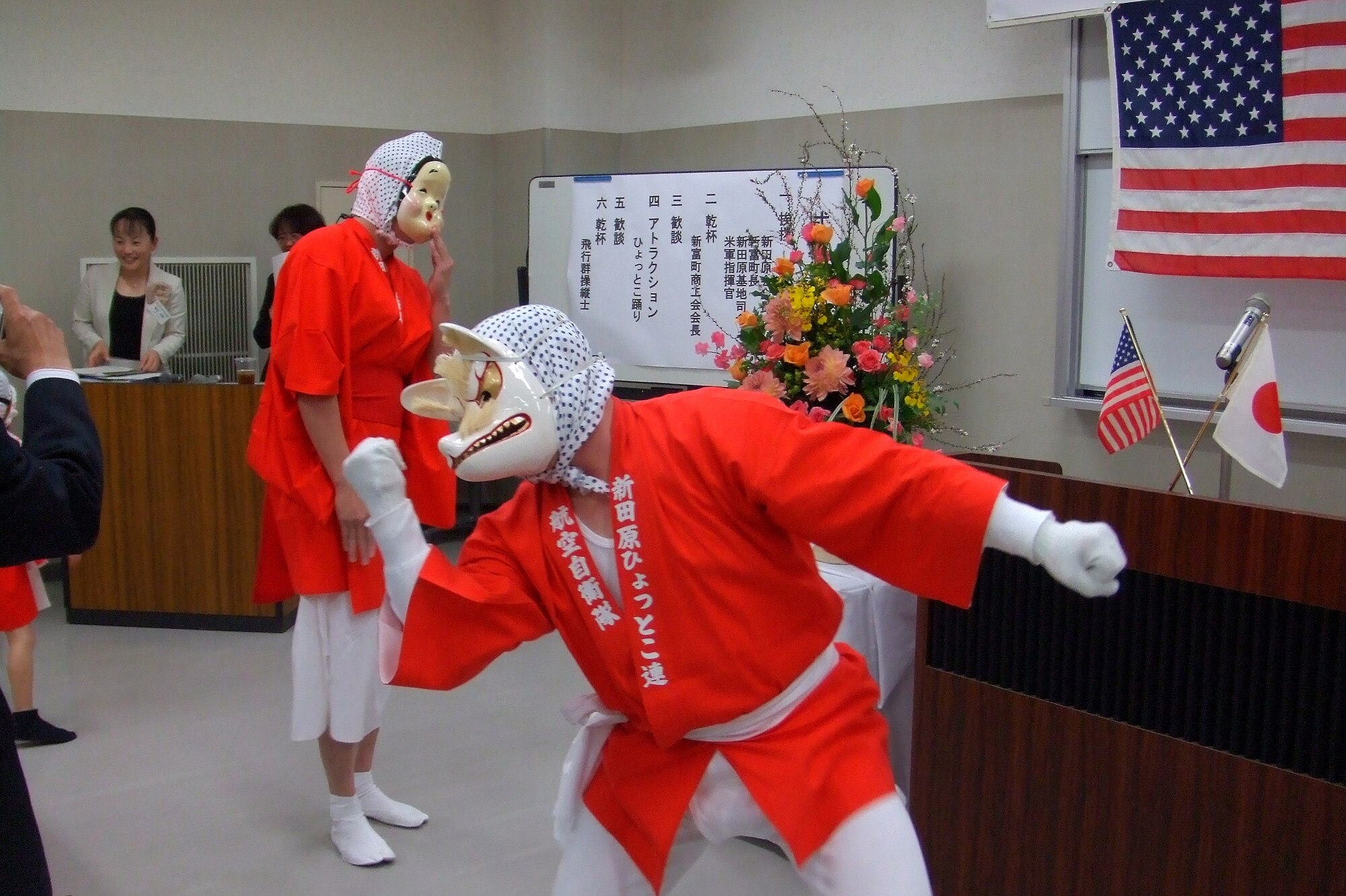 Japan Air Self Defense Force members perform a traditional Japanese
celebratory dance called the Hyottoko during a welcome party hosted by the
Nyutabaru Association Feb. 23 in Miyazaki Prefecture, Japan. The party
kicked-off an Aviation Training Relocation at Nyutabaru Air Base. Five
Kadena F-15s and about 80 Airmen are training with their JASDF counterparts
Feb. 23-27.