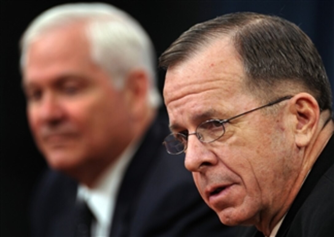 Chairman of the Joint Chiefs of Staff Adm. Michael Mullen, U.S. Navy, answers a reporter’s question during a Pentagon press briefing with Secretary of Defense Robert M. Gates on Feb. 26, 2009.  