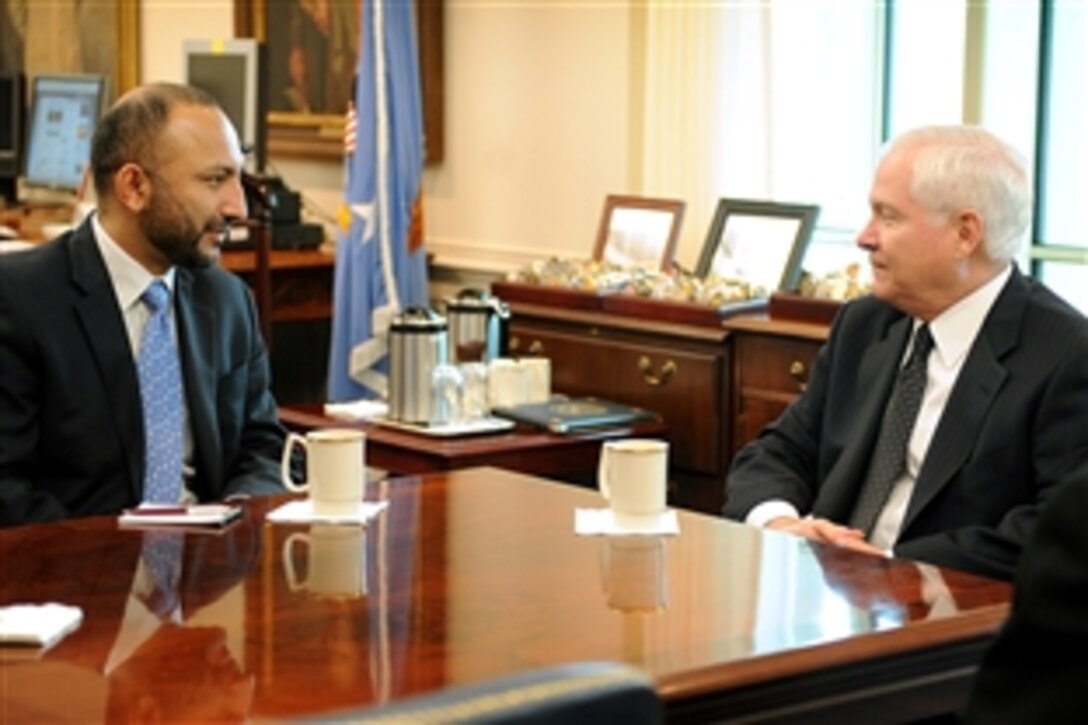 U.S. Defense Secretary Robert M. Gates meets with the Minister of Interior for Afghanistan, Hanif Atmar, at the Pentagon, Feb. 26, 2009.