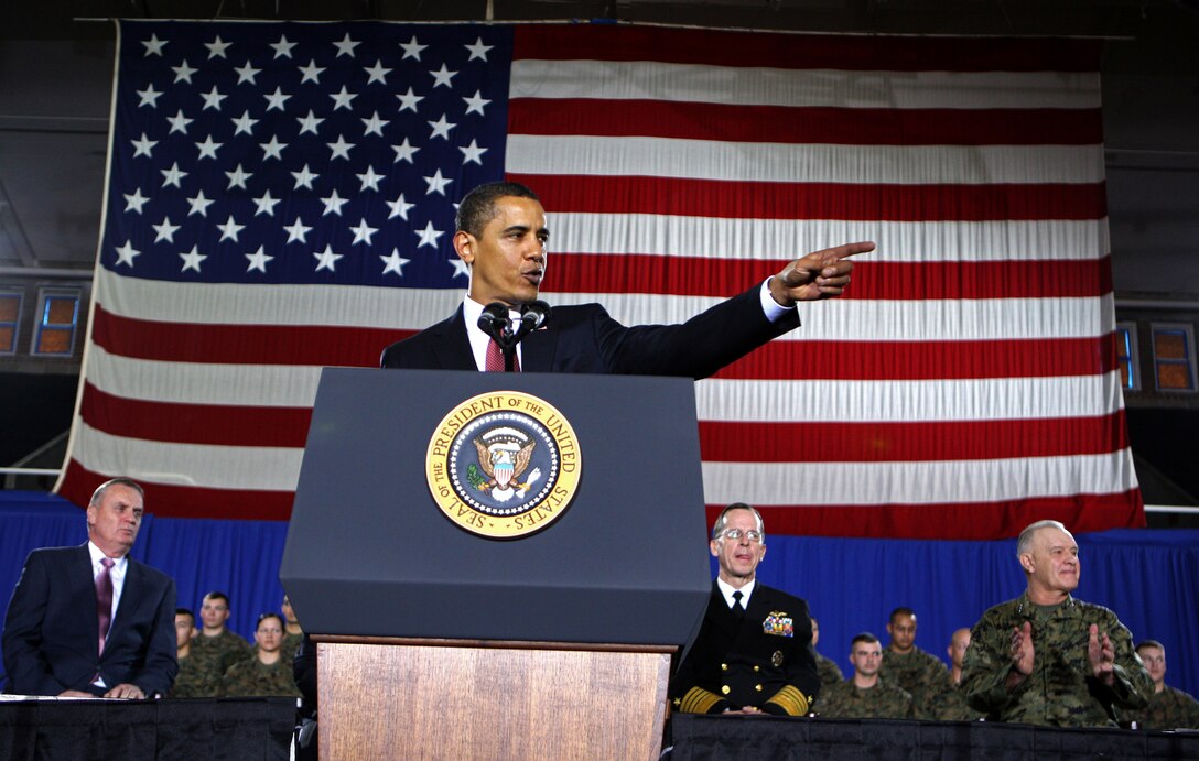 President of the United States, the Honorable Mr. Barack Obama, talks to service members and civilians during his visit to Camp Lejeune, N.C., Feb. 27. The president spoke on current policies and his exit strategy for Iraq.