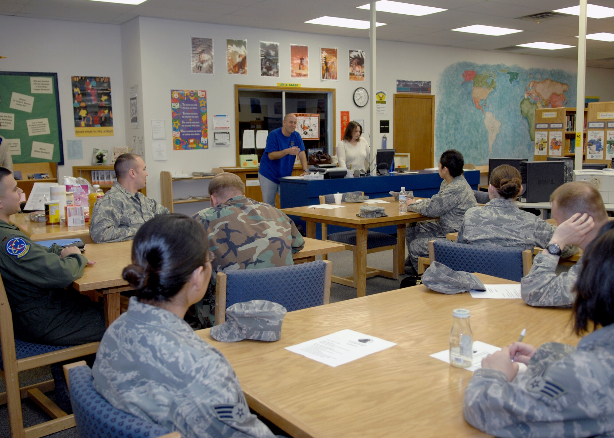 Master Sgt. John Bratton, 49th Maintenance Group, prepares mentors for their Falcon Pride presentation to the students of Holloman Middle School at Holloman Air Force Base, N.M., Feb. 19. Sergeant Bratton discusses determination as part of this month’s acronym for the word PRIDE. (U.S. Air Force photo/Airman 1st Class Veronica Salgado)
