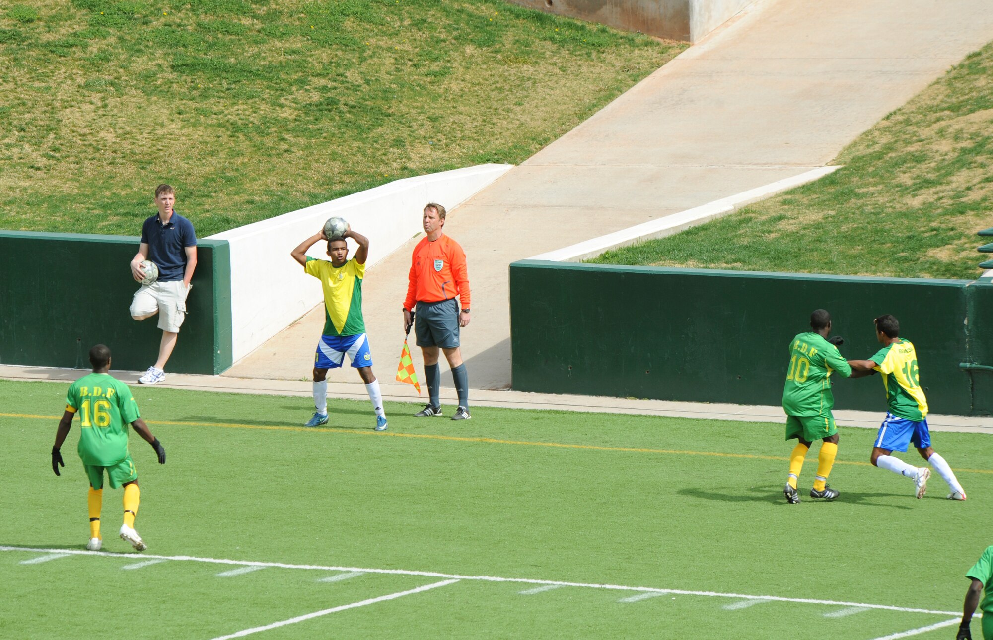 ABILENE, Texas -- The Brazil and Barbados men's military soccer teams compete for 1st place in the CISM here, Feb 27.  Brazil won the game and took 1st place in the tournament against Barbados, Canada, Suriname, and the United States.  (U.S. Air Force photo by Tech. Sgt. Darcie Ibidapo)