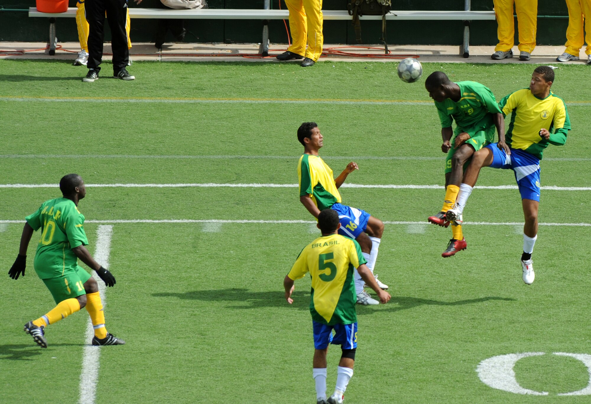ABILENE, Texas -- The Brazil and Barbados men's military soccer teams compete for 1st place in the CISM here, Feb 27.  Brazil won the game and took 1st place in the tournament against Barbados, Canada, Suriname, and the United States.  (U.S. Air Force photo by Tech. Sgt. Darcie Ibidapo)