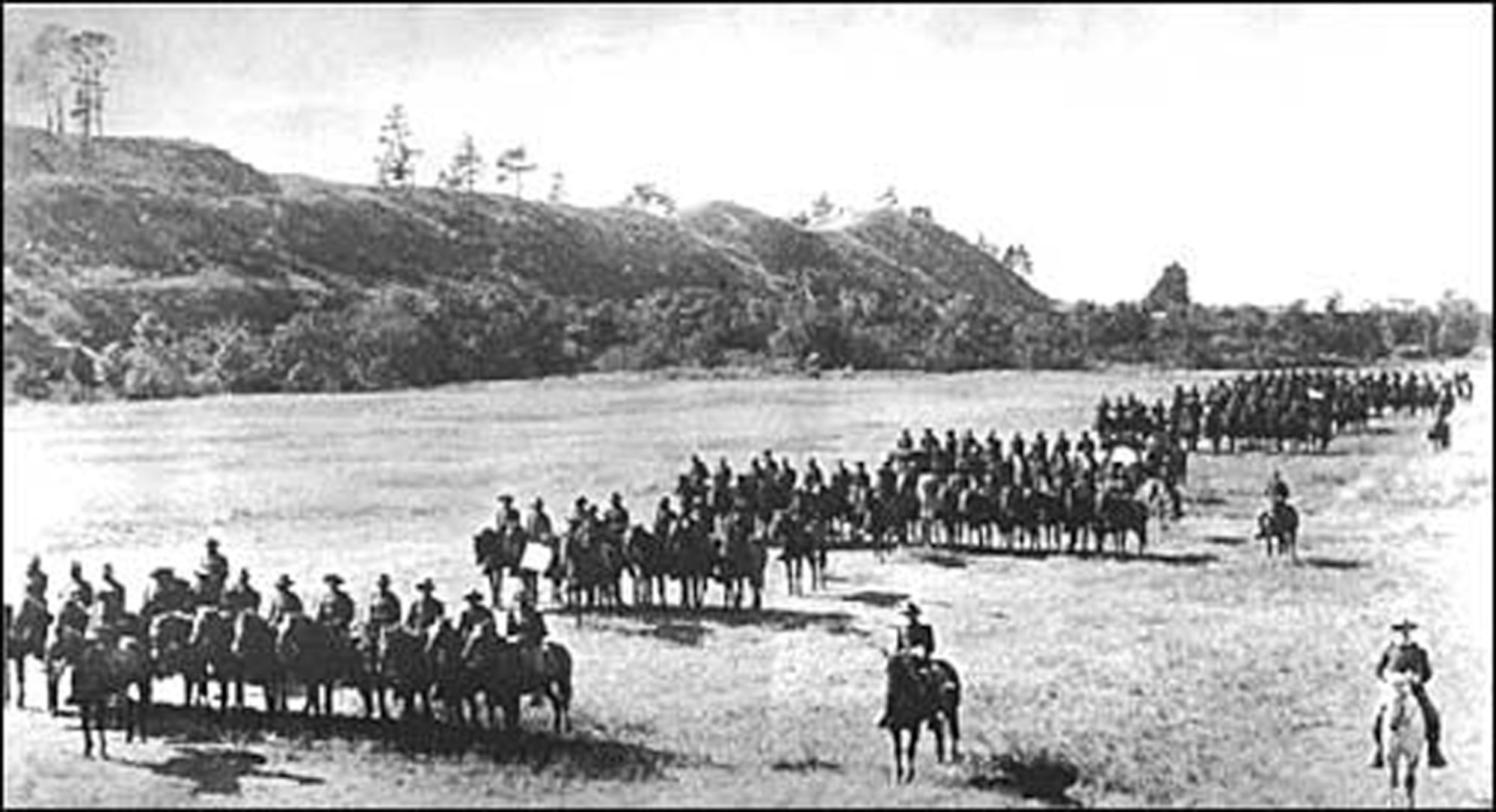 In order to settle problems in 19th Century New Mexico, the U.S. Army called upon a group of recently freed black men to form the 9th and 10th Cavalries, which subsequently became known as "Buffalo Soldiers." The men were given this name by their Native American adversaries because of their toughness and dark skin. (Courtesy of 49th Fighter Wing History Office)