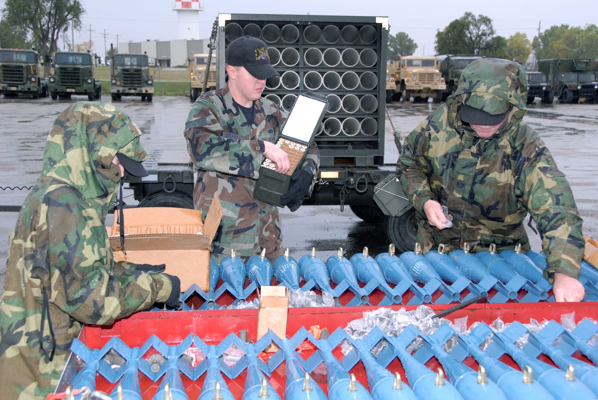 The Air Force Reserve Command's 442nd Maintenance Group earned the Maintenance Effectiveness Award as the best medium-sized aircraft maintenance unit in the command for Fiscal Year 2008. Here, munitions specialists from the 442nd Maintenance Squadron, prepare BDU-33 training ordnance for Hawgsmoke 2008 in Salina, Kan., Oct. 14, 2008.  Hawgsmoke is a bienniel A-10 bombing and gunnery competition, which was hosted in 2008 by the 442nd Fighter Wing, based at Whiteman Air Force Base, Mo. (U.S. Air Force photo/Staff Sgt. Kent Kagarise)