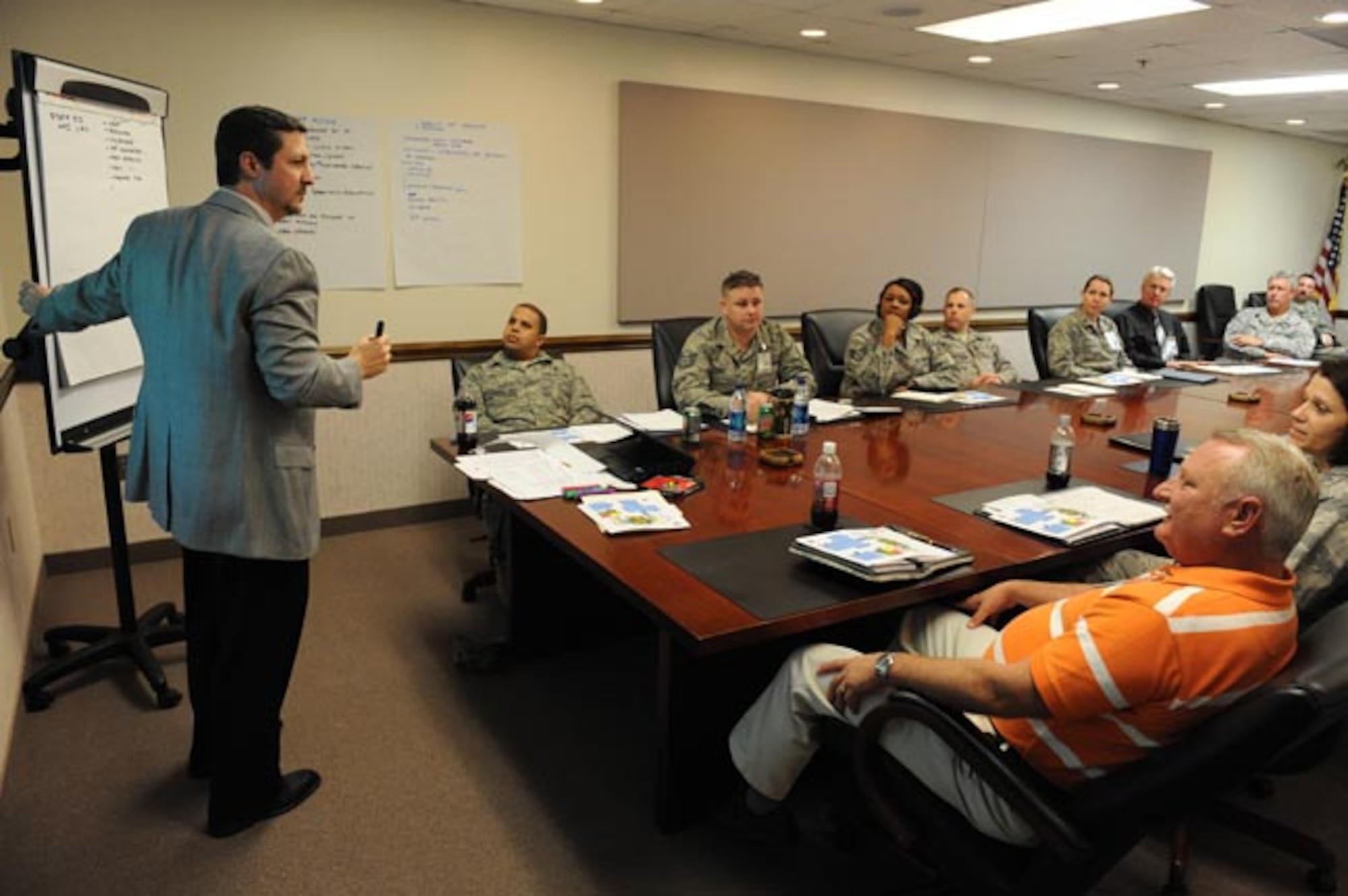 SHAW AIR FORCE BASE, S.C. -- Brent Williams, Air Combat Command Air Force Smart Operartion of the 21st Century facilitator, goes over focus points with members of the 20th Medical Group during an enterprise value stream analysis Feb. 6. The EVSA will help the 20th MDG upgrade operations to support members of Shaw. (U.S. Air Force photo/Senior Airman Matthew Davis)