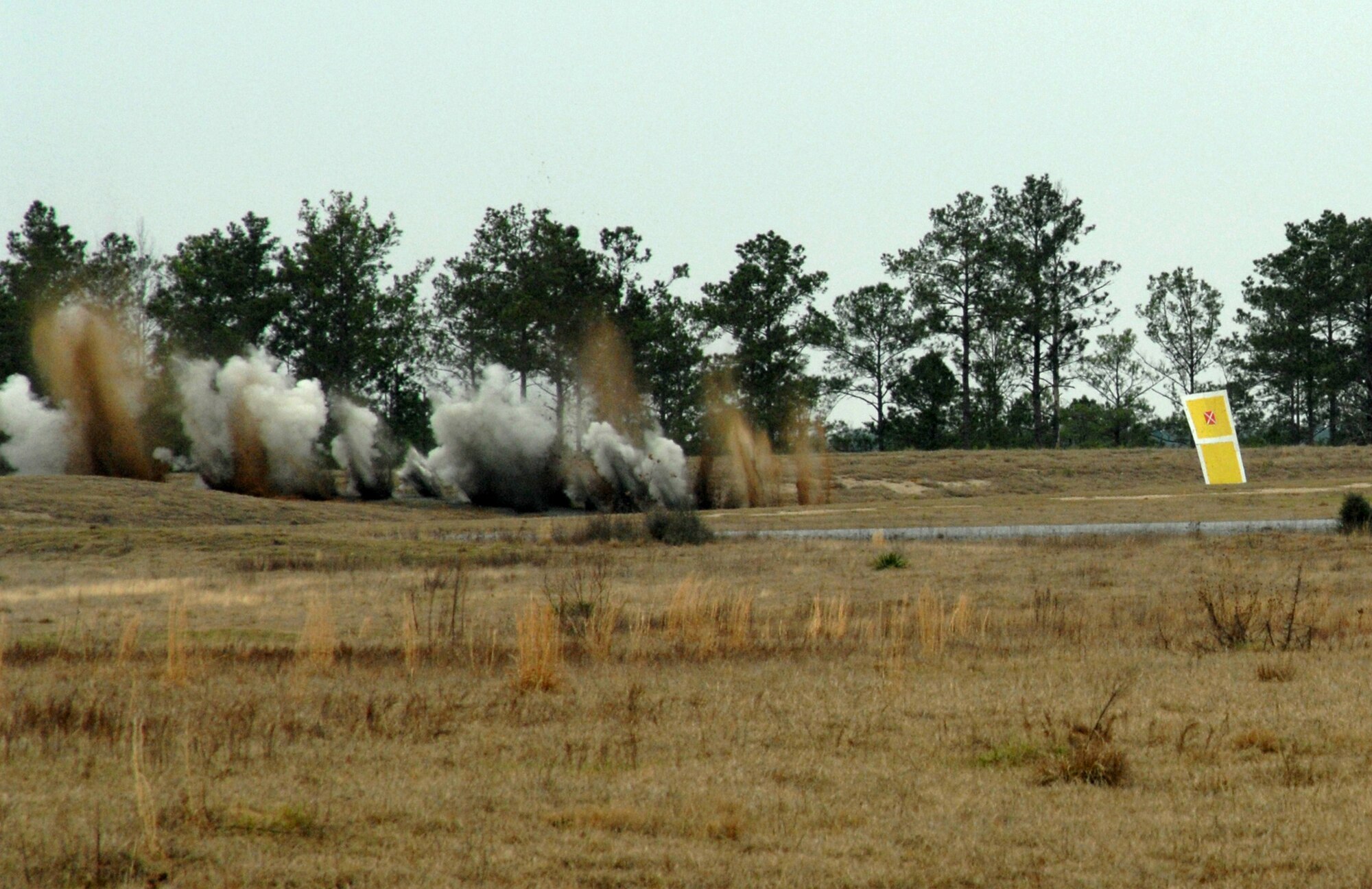 Rounds from an A-10's 30mm GAU-8 cannon impact the ground during moving-target strafe training, a part of the Air Force's Green Flag East exercise in Louisiana. Davis-Monthan's 354th Fighter Squadron participated in GFE for two weeks to enhance their close-air support tactics and capabilities. (U.S. Air Force photo/Staff Sgt. Jake Richmond)