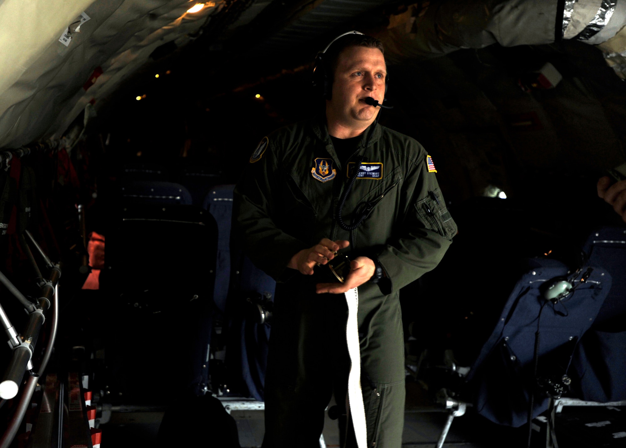 Staff Sgt. Kenny Stewart adjusts a tie-down strap aboard a KC-135 Stratotanker prior to leaving McConnell Air Force Base, Kan., for a three-day aeromedical evacuation training exercise Friday morning. Sergeant Stewart is a KC-135 boom operator assigned to the 18th Air Refueling Squadron, the flying unit of the 931st Air Refueling Group. The 931st is an Air Force Reserve unit at McConnell AFB. (U.S. Air Force photo/Tech. Sgt. Jason Schaap) 