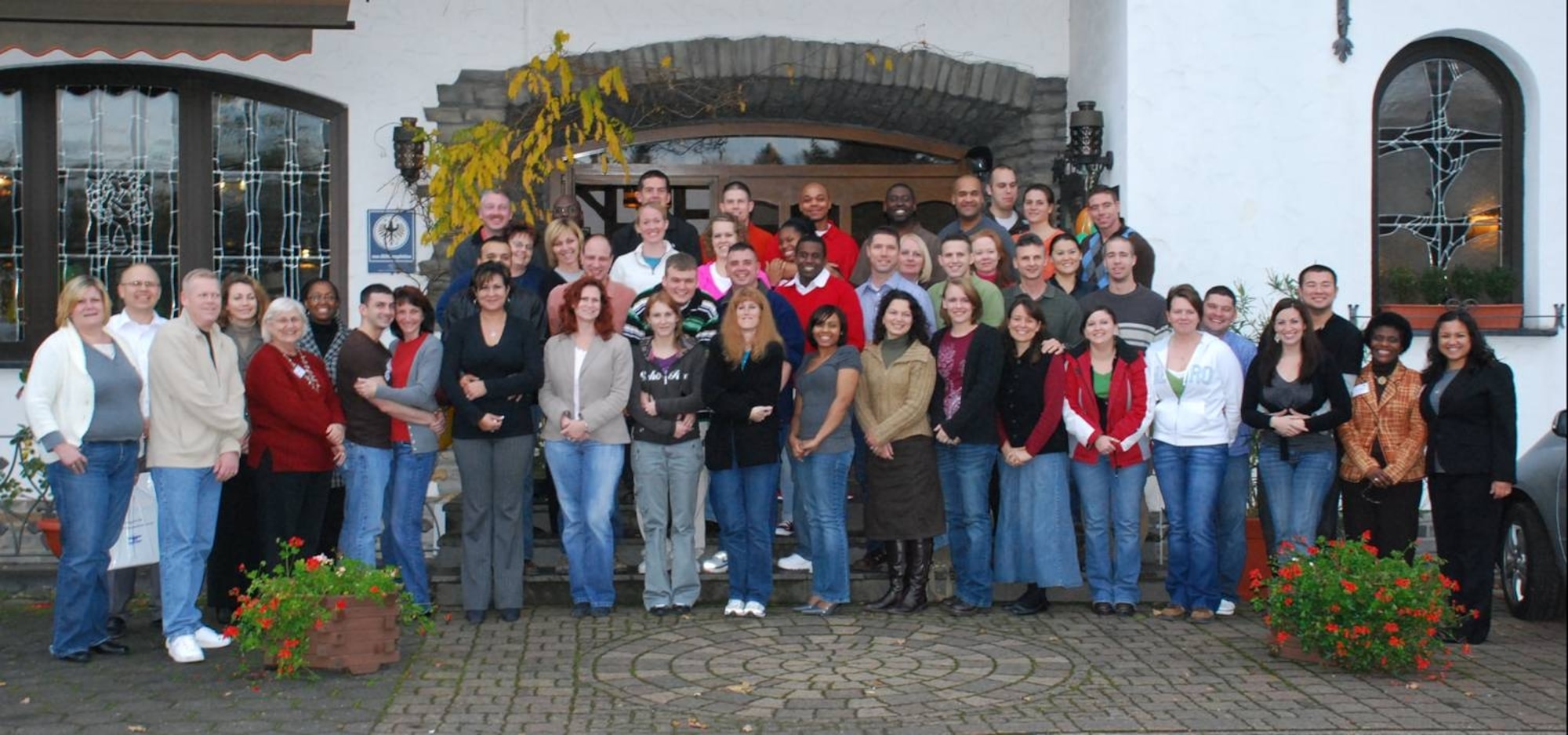 MARING, Germany – Couples stand outside of the Weinhaus Liesertal Hotel to commemorate their participation in the fall 2008 Mosel Reintegration Retreat. The retreat is a community partnership event conducted by the A&FRC with the help of the Spangdahlem Spouses and Enlisted Members Club, Spangdahlem Officers’ and Civilians’ Spouses Club, the Defense Commissary Agency, the Key Spouse group and the Integrated Delivery System.  (Courtesy photo)