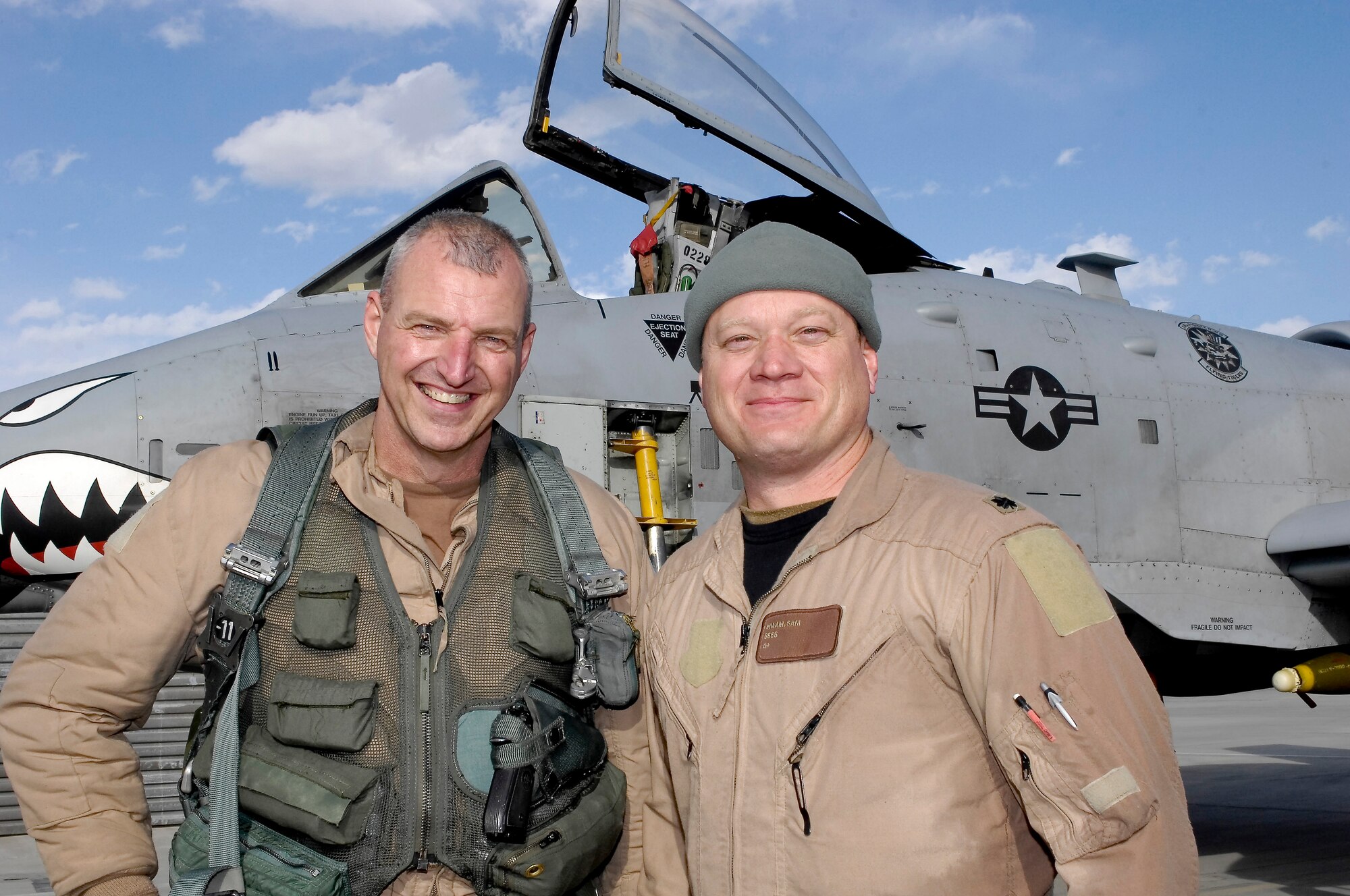 Col. Raymond Strasburger, 455th Expeditionary Operations Group commander, and Lt. Col. Sam Milam, 75th Expeditionary Fighter Squadron commander, completed a mission Feb. 24 that brought the 75th EFS's total combat flight hours during one deployment rotation over the 10,000 mark. This was the first time a squadron deployed here reached 10,000 combat hours. The 75th EFS arrived here from Moody Air Force Base, Ga., in September for a four-month deployment, but was extended to six months. The A-10 Thunderbolt II was the first tactical fighter aircraft to deploy here in 2002.  