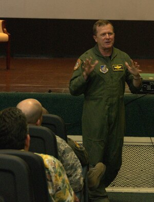 ANDERSEN AIR FORCE BASE, Guam -- Brig. Gen. Phil Ruhlman, 36th Wing commander, talks about the importance of Team Andersen's mission during a town hall meeting at the base theater Feb 26. The meeting allowed Team Andersen members and wing leadership an opportunity to address issues and concerns effecting the base. (U.S. Air Force photo Airman 1st Class Carissa Wolff)                               