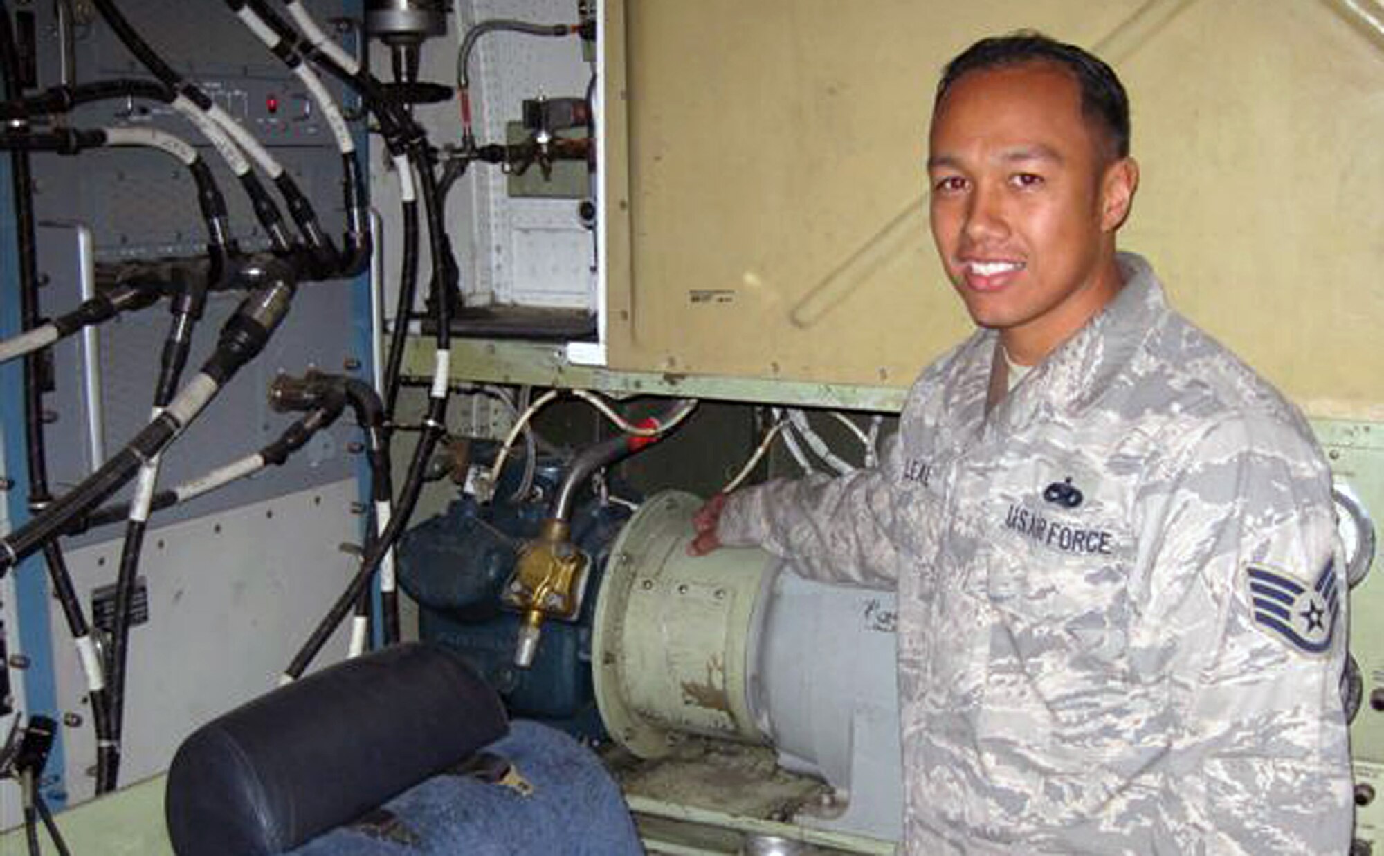 SOUTHWEST ASIA - Staff Sgt. Ricky J.B. Leal, 386th Expeditionary Aircraft Maintenance Squadron EC-130H aircraft electrical and environmental systems specialist, is deployed from 755th Aircraft Maintenance Squadron at Davis-Monthan Air Force Base, Ariz. (U.S. Air Force courtesy photo)