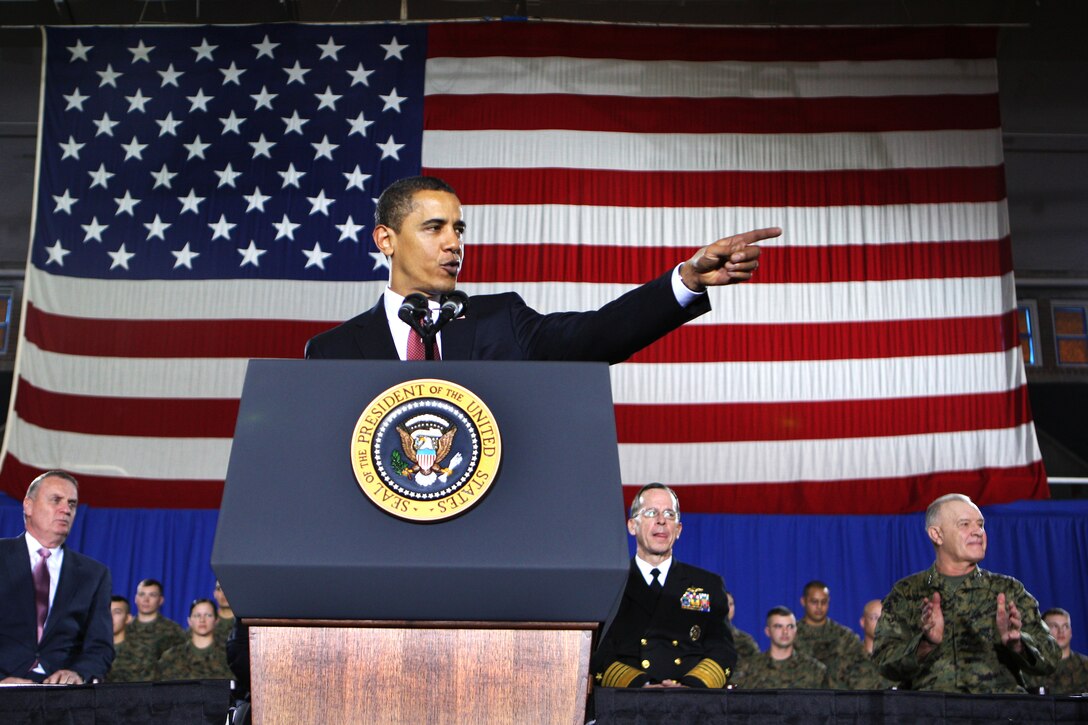 President Barack Obama talks to troops and civilians during his visit to Camp Lejeune, N.C., Feb. 27, 2009. Obama was on Camp Lejeune to discuss current policies and an exit strategy from Iraq.