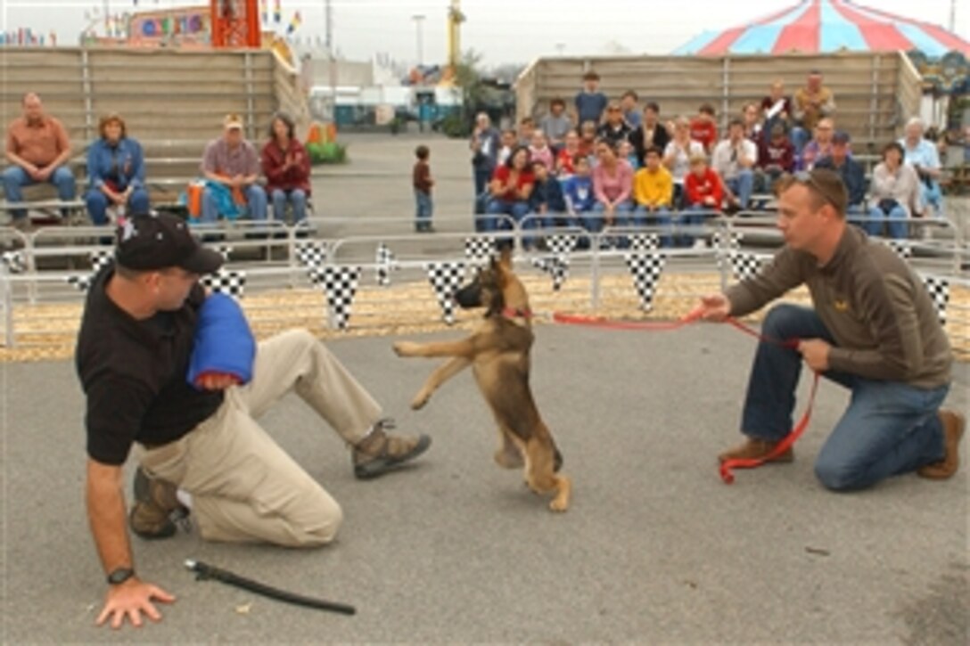Xaria, a U.S. Air Force military working dog, and trainers Rodney Sparkowich and Tim Bartlett put on a demonstration at the San Antonio Stock Show and Rodeo in Texas, Feb. 23, 2009. The men are members of the 341st Training Squadron at Lackland Air Force Base.
