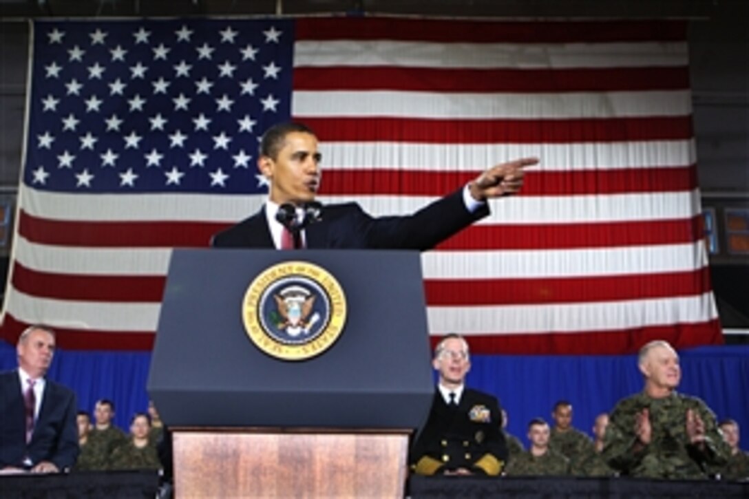 President Barack Obama talks to troops and civilians during his visit to Camp Lejeune, N.C., Feb. 27, 2009.  Obama was on Marine Corps installation to discuss current policies and an exit strategy from Iraq.