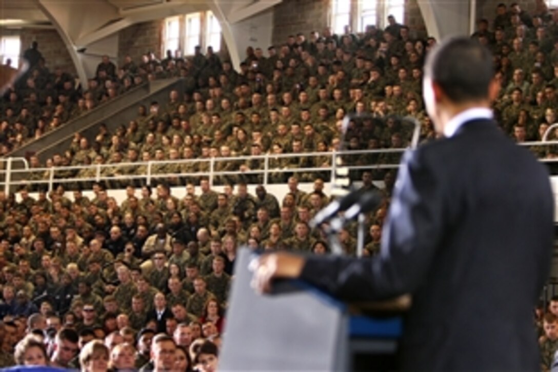 U.S. troops and civilians listen to President Barack Obama during his visit to Camp Lejeune, N.C., Feb. 27, 2009. Obama was on the Marine Corps installation to discuss current policies and an exit strategy from Iraq.