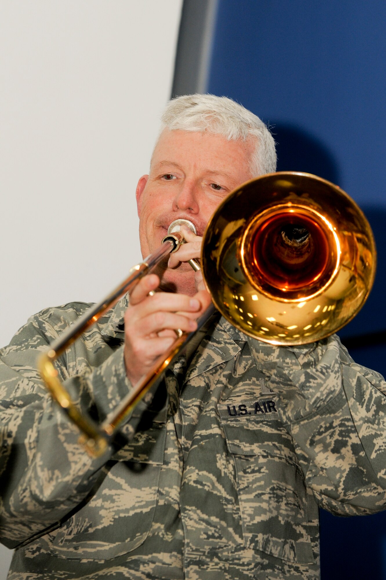 Lt. Col. Ronald Harvell, 379th Air Expeditionary Wing Chaplain, plays the trombone during a performance that was part of the Gospel Extravaganza held, Feb. 27, 2009 in an undisclosed location in Southwest Asia. The event allowed various groups from two different bases to praise the Lord through song and dance. Colonel Harvell's hometown is Colorado Springs, Colo. He aids in the support of Operations Iraqi and Enduring Freedom and Combined Joint Task Force - Horn of Africa. (U.S. Air Force Photo by Staff Sgt. Joshua Garcia)