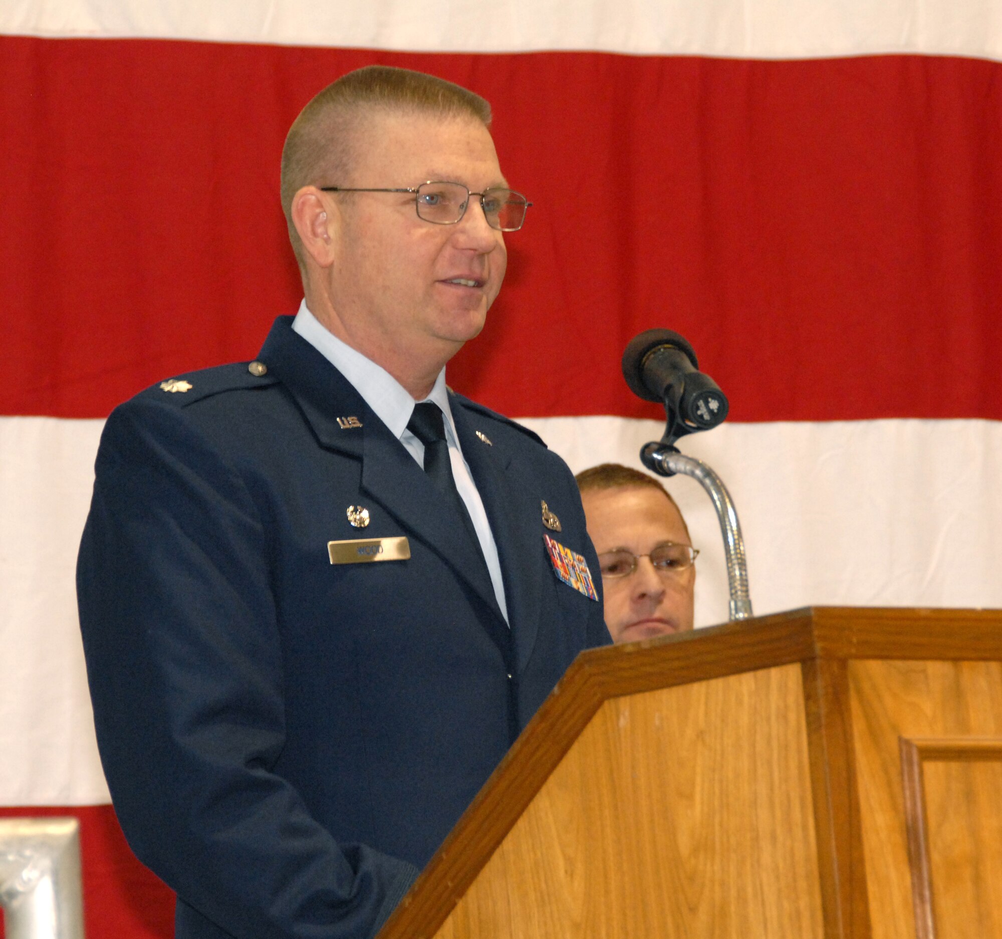Lt. Col. Michael Wood speaks to the 442nd Maintenance Group following a change of command ceremony Dec. 6, making him the new commander of the 442nd Fighter Wing's largest group.  Colonel Wood was previously the deputy chief of maintenance in the 477th Fighter Group at Elmendorf Air Force Base, Alaska.  The 442nd Maintenance Group's previous commander was Col. Eric Vander Linden.  The 442nd Fighter Wing is an Air Force Reserve Command A-10 unit assigned to Whiteman Air Force Base, Mo.  (U.S. Air Force photo/Staff Sgt. Kent Kagarise)