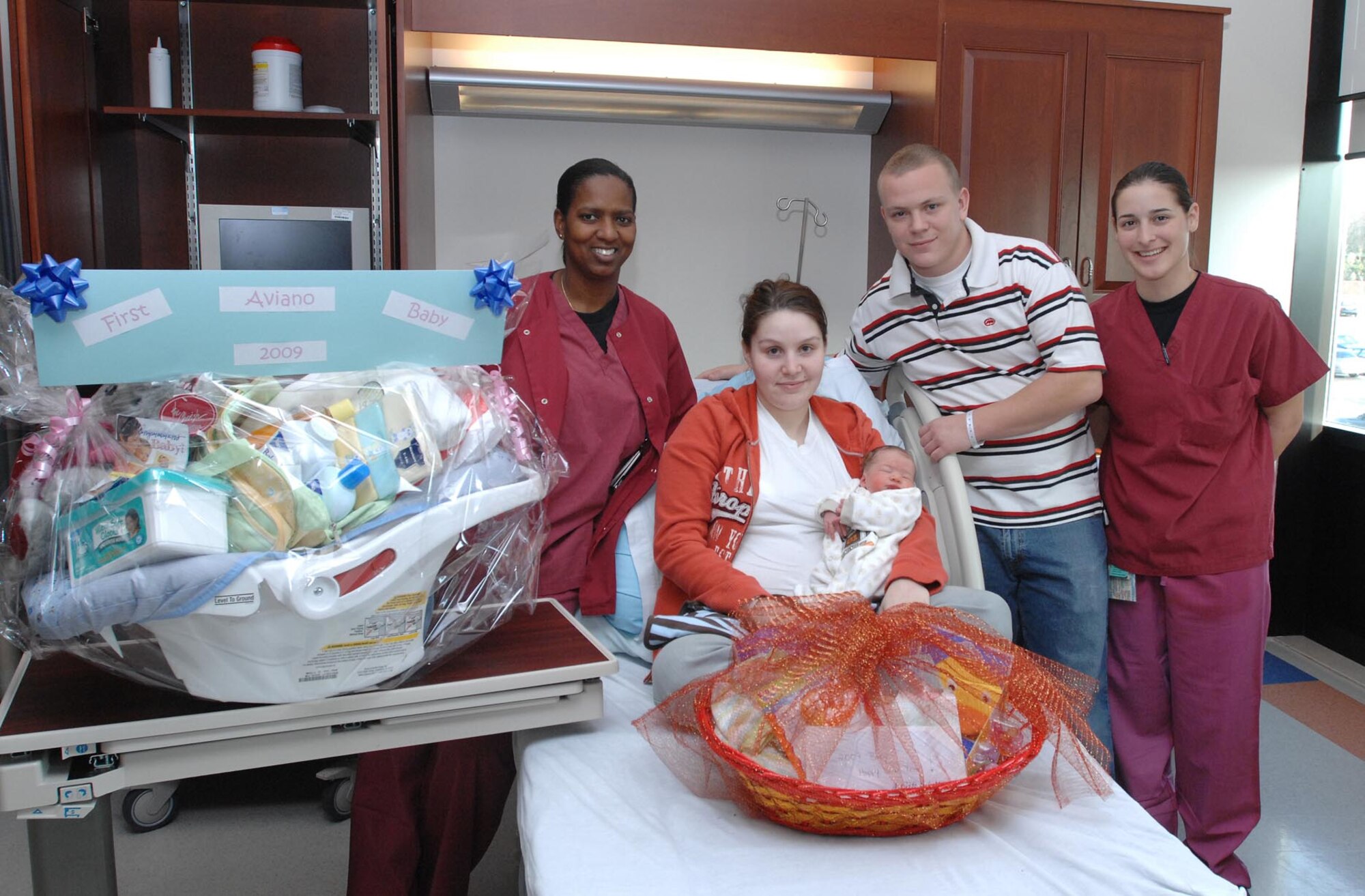 Jakob Petri, son of Casey and Zachery Petri, was the first New Year's baby born at the Aviano clinic Jan 1 at 11:15 a.m.   The Base Exchange and the Commissary donated a New Year's baby basket of gifts to welcome the first baby of 2009. (U.S. Air Force photo/Airman 1st Class Ashley Wood)