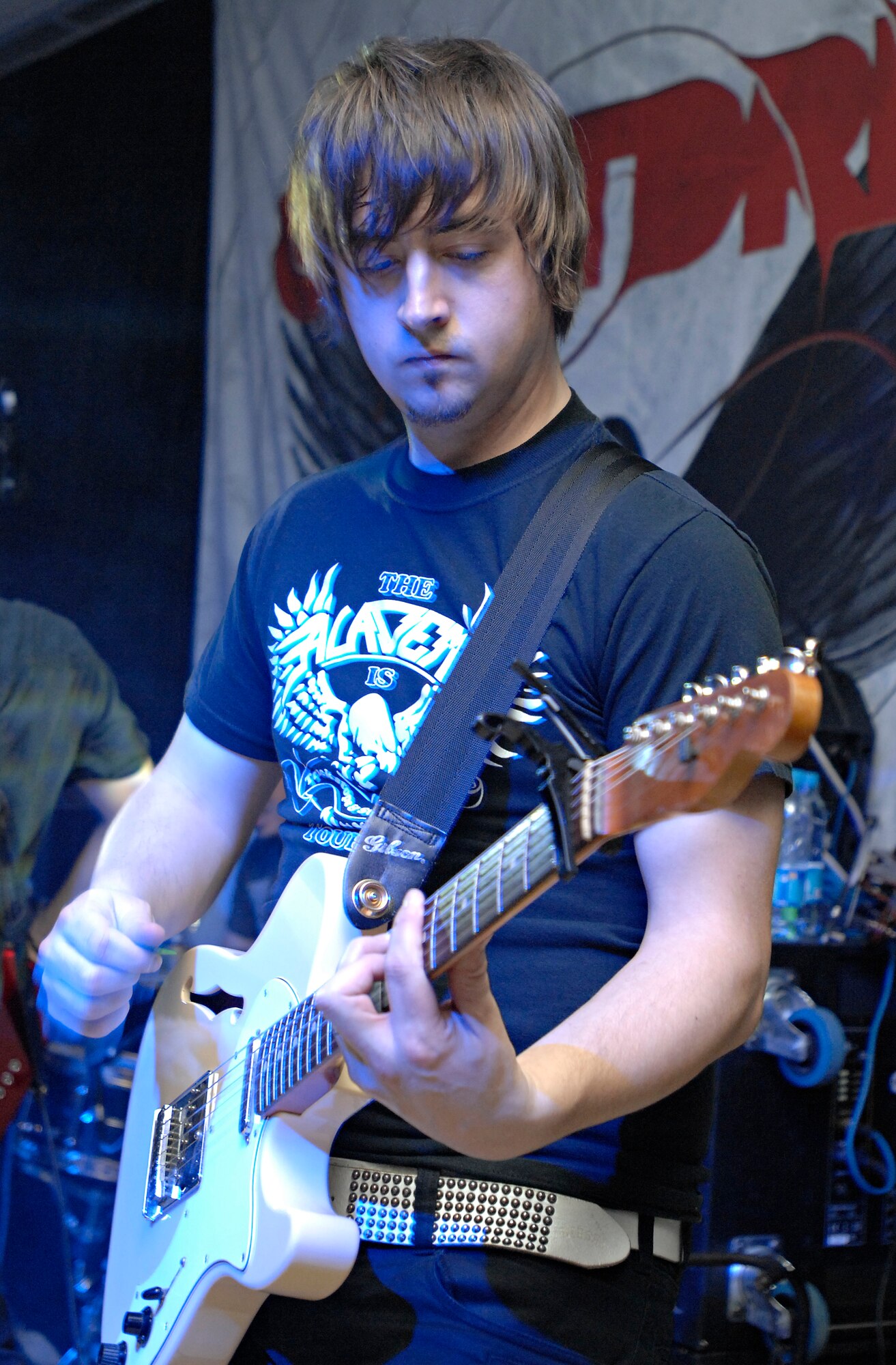 Mathew Kirby, Quietdrive’s rhythm guitarist, strums his guitar during the 2009 New Year’s Eve Bash hosted by the Incirlik Consolidated Club, Dec. 31. Quietdrive visited Incirlik as part of their Armed Forces Tour. (U.S. Air Force photo/Senior Airman Benjamin Wilson)