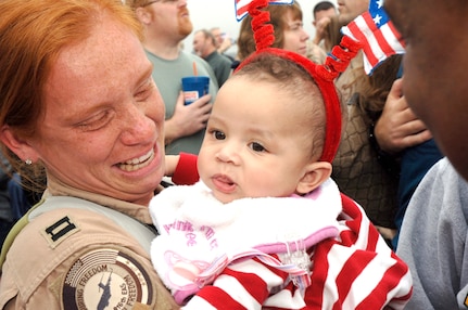 Capt. Jennifer Moore sheds tears of joy as she holds her daughter Gabriella after returning from a deployment on the flightline at Charleston AFB, S.C. Jan. 3. More than a 130 Airmen from the 15th Airlift Squadron returned from their 120-day deployment in Southwest Asia. Capt. Moore is assigned to the 15th Airlift Squadron. (U.S. Air Force photo/Staff Sgt. Marie Cassetty)