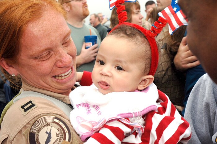 Capt. Jennifer Moore sheds tears of joy as she holds her daughter Gabriella after returning from a deployment on the flightline at Charleston AFB, S.C. Jan. 3. More than a 130 Airmen from the 15th Airlift Squadron returned from their 120-day deployment in Southwest Asia. Capt. Moore is assigned to the 15th Airlift Squadron. (U.S. Air Force photo/Staff Sgt. Marie Cassetty)