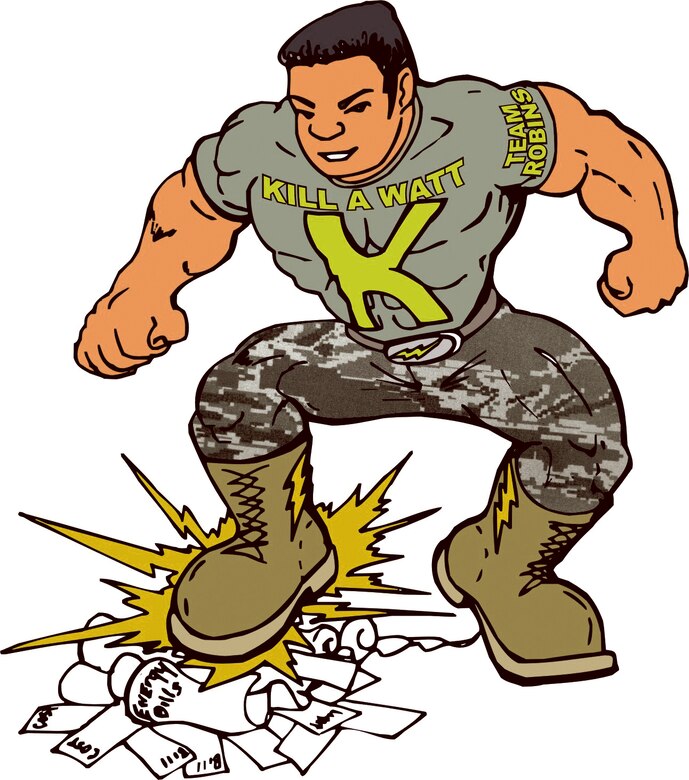 Commander Kill A Watt will be used throughout the energy conservation campaign. The drawing helps remind base members to "stomp out" unnecessary energy use. Illustration by Harry Paige 