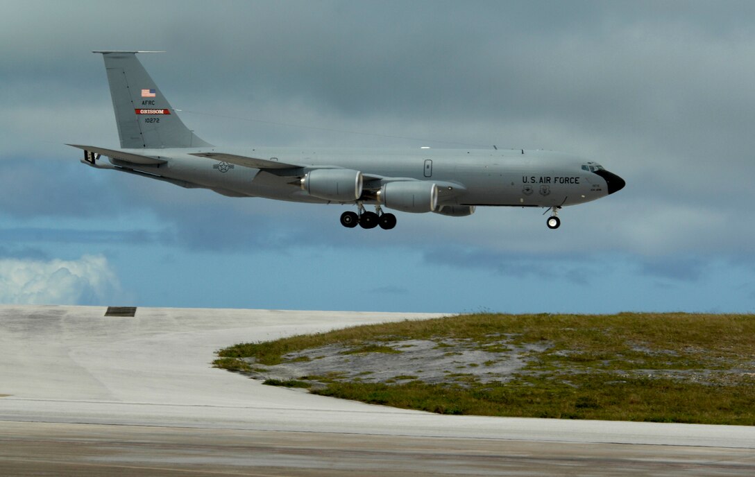 A KC-135R Stratotanker, 434th Air Refueling Wing Grissom Air Reserve Base, Ind., lands at Andersen Air Force Base, Guam Dec. 31. The 434th Air Refueling Wing from Grissom ARW is deployed to Andersen to provide Pacific theater refueling operations and is replacing the 171st ARW Pennsylvania Air National Guard.(U.S. Air Force photo/ Master Sgt. Kevin J. Gruenwald) released      