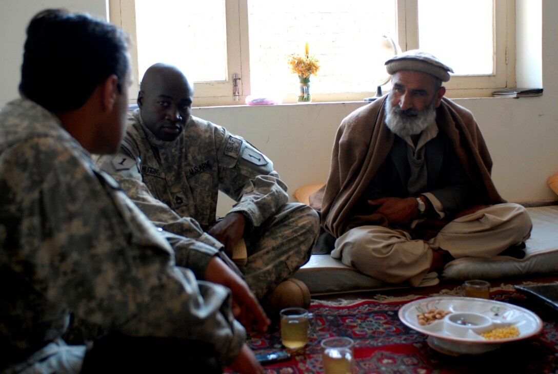 Soldiers of the 1st Infantry Division’s Alpha Company, Special Troop Battalion, 3rd Brigade Combat Team, conduct a key leader engagement at the Shirazad District Center in Afghanistan’s Nangarhar province. U.S. Army photo by Sgt. Charles Brice