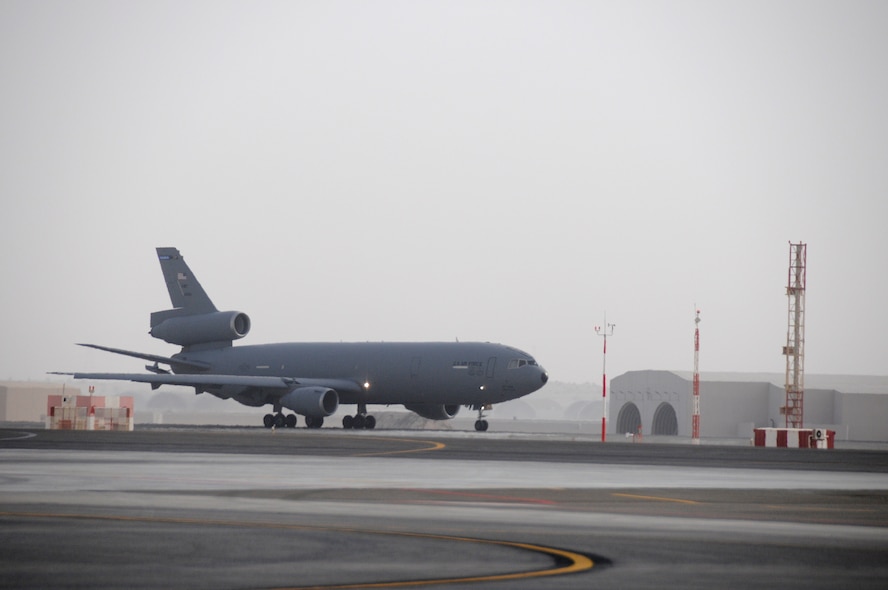 SOUTHWEST ASIA -- A KC-10 Extender carrying Master Sgt. Clifford Hughes from the 908th Expeditionary Air Refueling Squadron takes off here Jan. 3. The crew is going into the area of responsibility to deliver fuel to various aircraft in support of operations Iraqi and enduring freedom. Sergeant Hughes has flown over 300 combat missions, in 7 years of deploying. He has deployed nearly 800 days. Six of the deployments were with the MH-53M Pavelow and three on the KC-10 A Extender. Sergeant Hughes is deployed from the 2nd ARS McGuire Air Force Base, N.J., his hometown is Eatonville, Wash. (U.S. Air Force photo/Tech. Sgt. Christopher A. Campbell) (released)