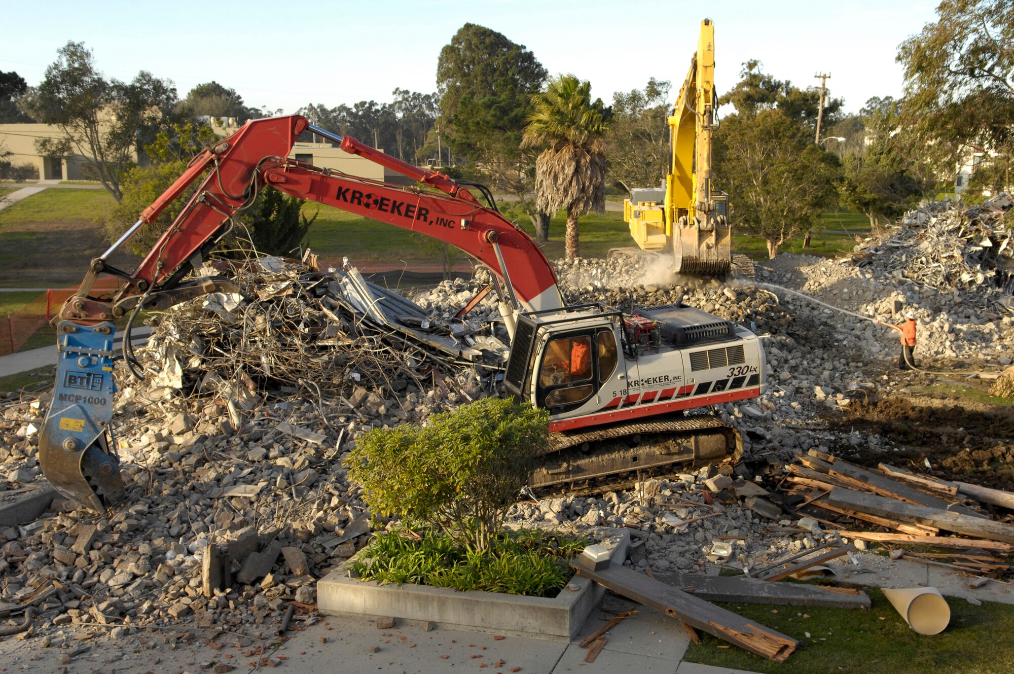VANDENBERG AIR FORCE BASE, Calif. -- Kroeker construction workers demolish the old non-commissioned officer dorm buildings on Jan. 6. (U.S. Air Force photo/Airman 1st Class Christian Thomas) 
 