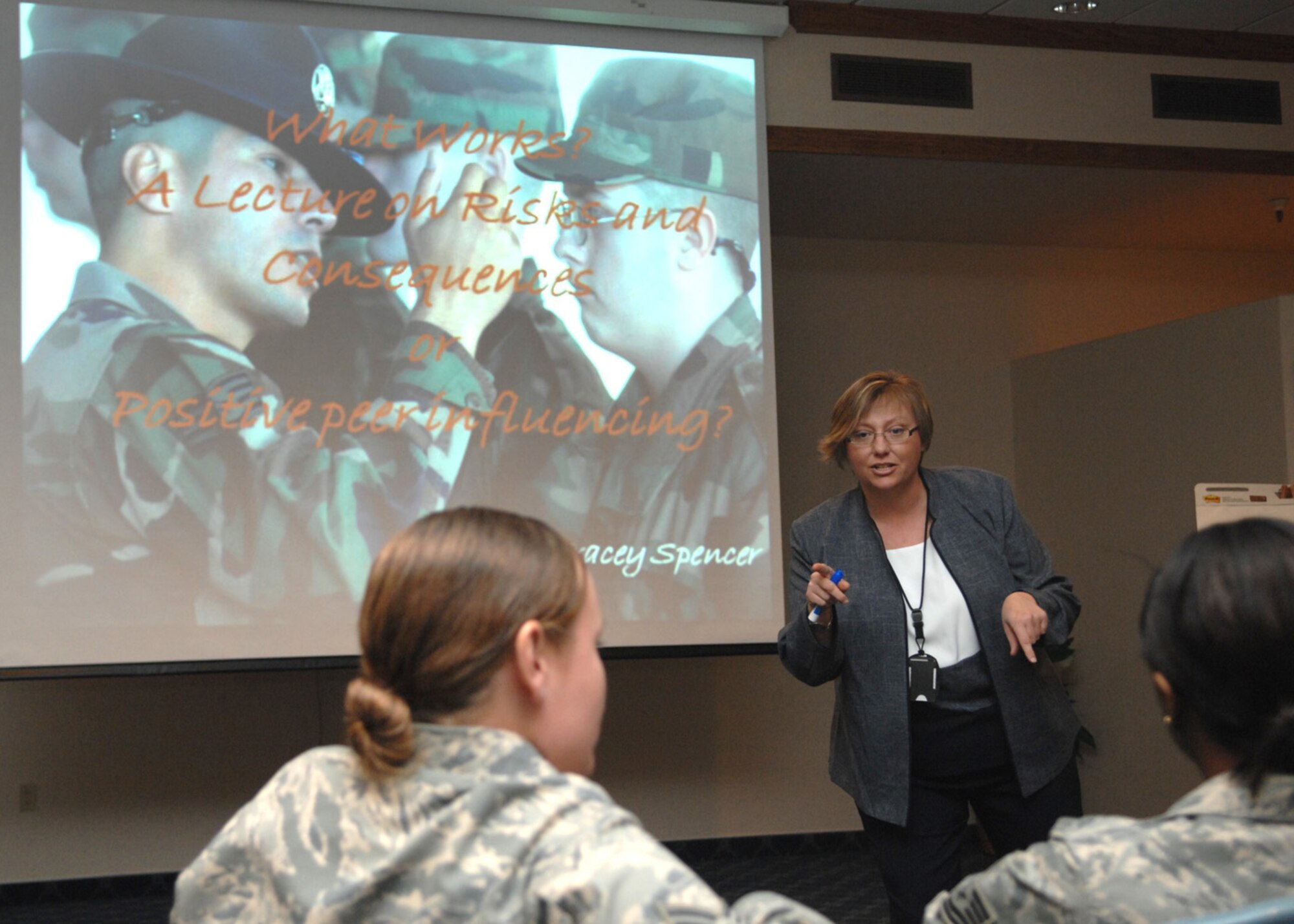 Tracey Spencer, Sexual Assault Prevention and Response Program coordinator talks about the many ways one can minimize risks while off duty at Holloman Air Force Base, N.M., Jan. 5. The Desert Sands enlisted club held a risk management focus group discussion as part of Safety Day. (U.S. Air Force photo/Airman 1st Class Veronica Salgado)