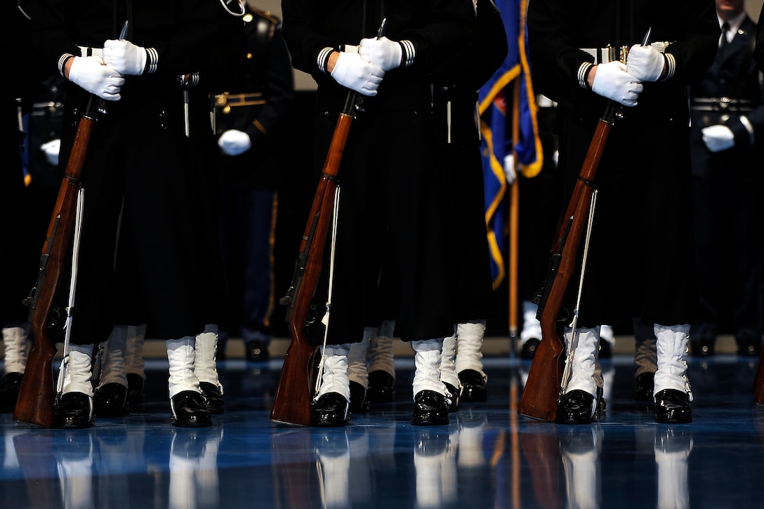 The U.S. Navy Ceremonial Guard stands at parade rest during the Armed Forces Full Honor Farewell to President George W. Bush on Fort Myer, Va., Jan. 6, 2009. 