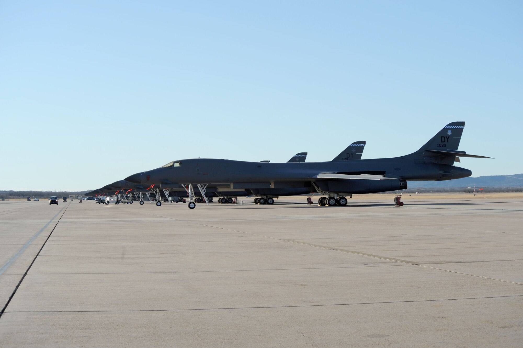 DYESS AIR FORCE BASE, Texas -- B-1B Lancers sit lined up on the flight line during the operational readiness inspection (ORI) here, Jan. 6.  The ORI test the 7th Bomb Wing ability to deploy and complete the mission successfully.  (U.S. Air Force photo by Staff Sgt. Darcie Ibidapo)