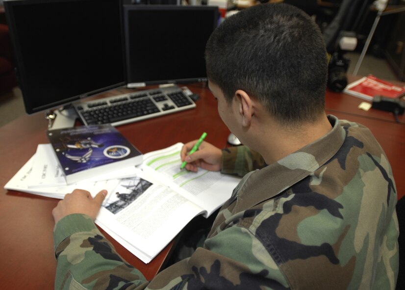 MINOT AIR FORCE BASE, N.D. -- An Airman here takes advantage of some down time to study for promotion. As the winter months sometimes keep people indoors for longer periods of time, there are many things people can to do stay busy and judiciously spend their time. (U.S. Air Force photo by Staff Sgt. Stacy Moless)