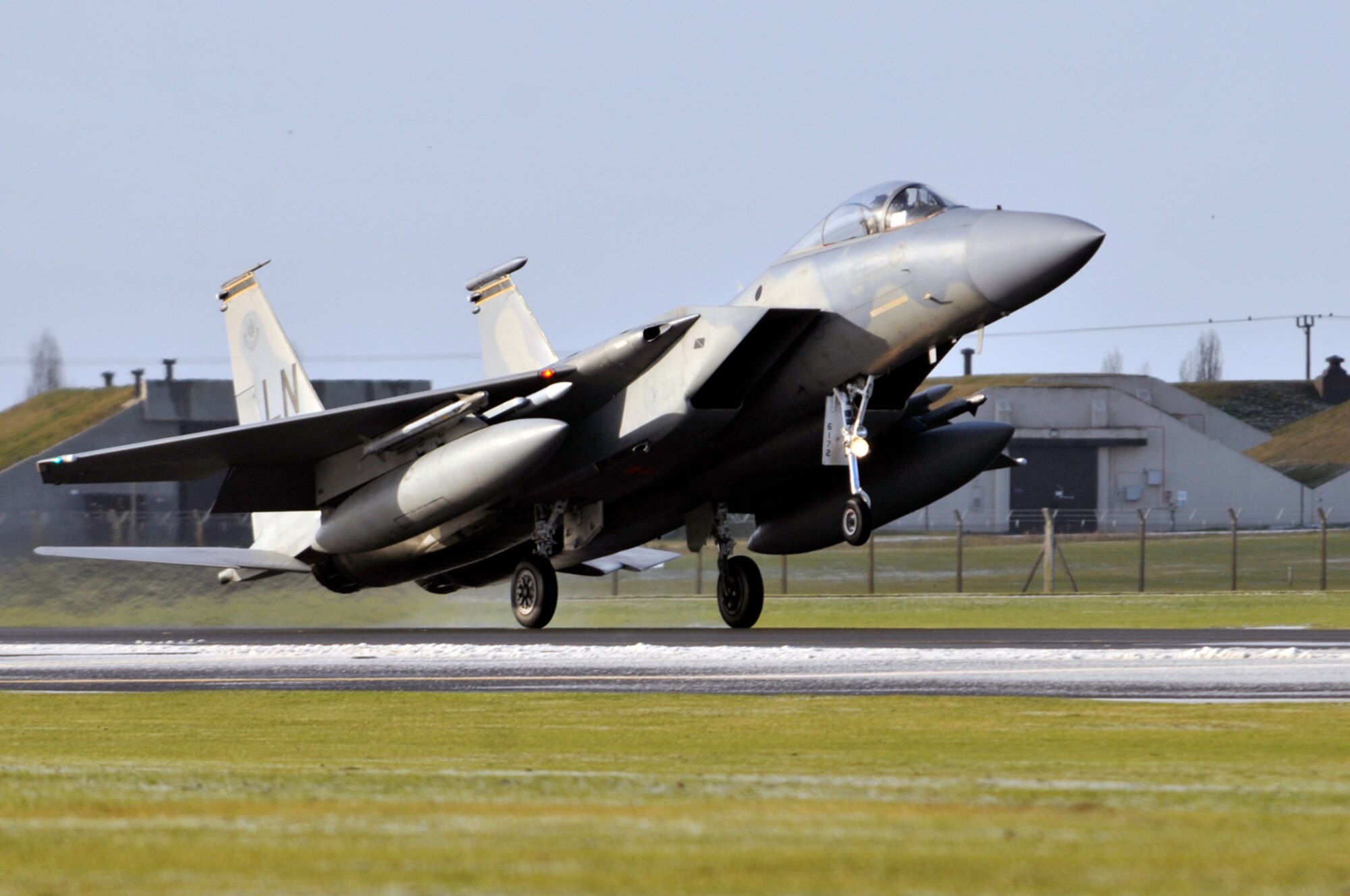 An F-15 Eagle from the 493rd Fighter Squadron returns home from a three-month deployment to Lithuania Jan. 5 at RAF Lakenheath, England. The 493rd FS was participating in the NATO Baltic Air Policing mission, supporting Lithuania, Latvia and Estonia. (U.S. Air Force photo by Airman 1st Class Perry Aston)