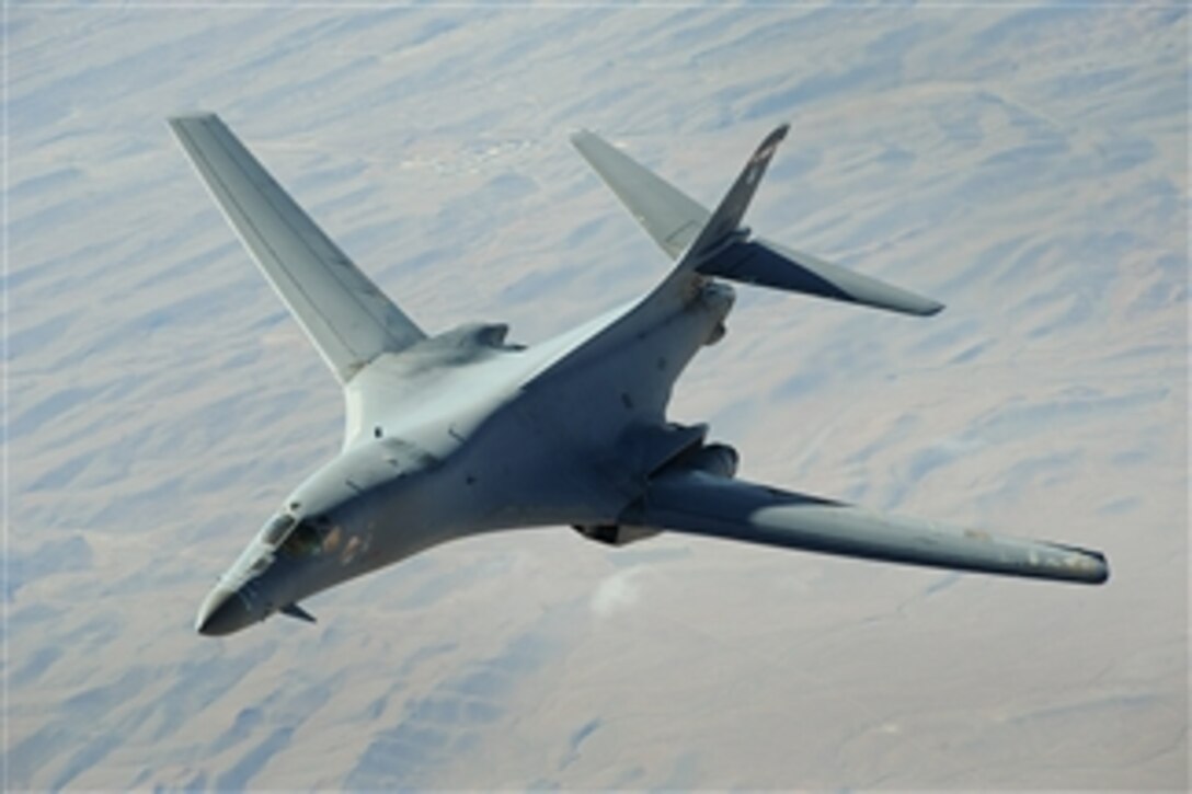 A U.S. Air Force B-1B Lancer bomber from the 34th Expeditionary Squadron flies a combat patrol over Afghanistan on Dec. 10, 2008.  