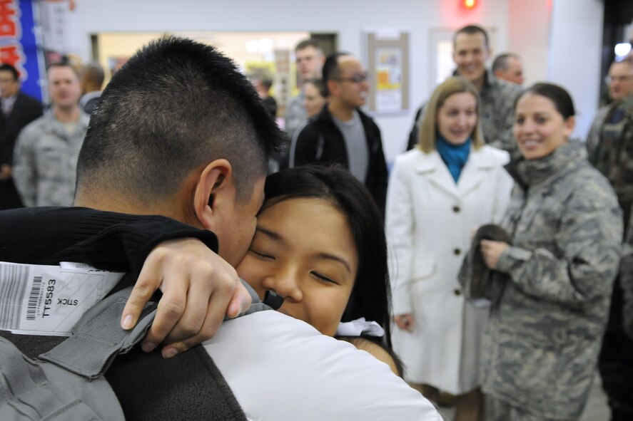 MISAWA CITY, Japan -- Capt. Chin Hsu hugs his wife, Michelle, after returning home from a deployment to Balad Air Base, Iraq, Jan. 07, 2009. Captain Hsu, who left for deployment when his daughter was only six weeks old, said he was excited to be home. (U.S. Air Force photo by Senior Airman Jamal D. Sutter) 