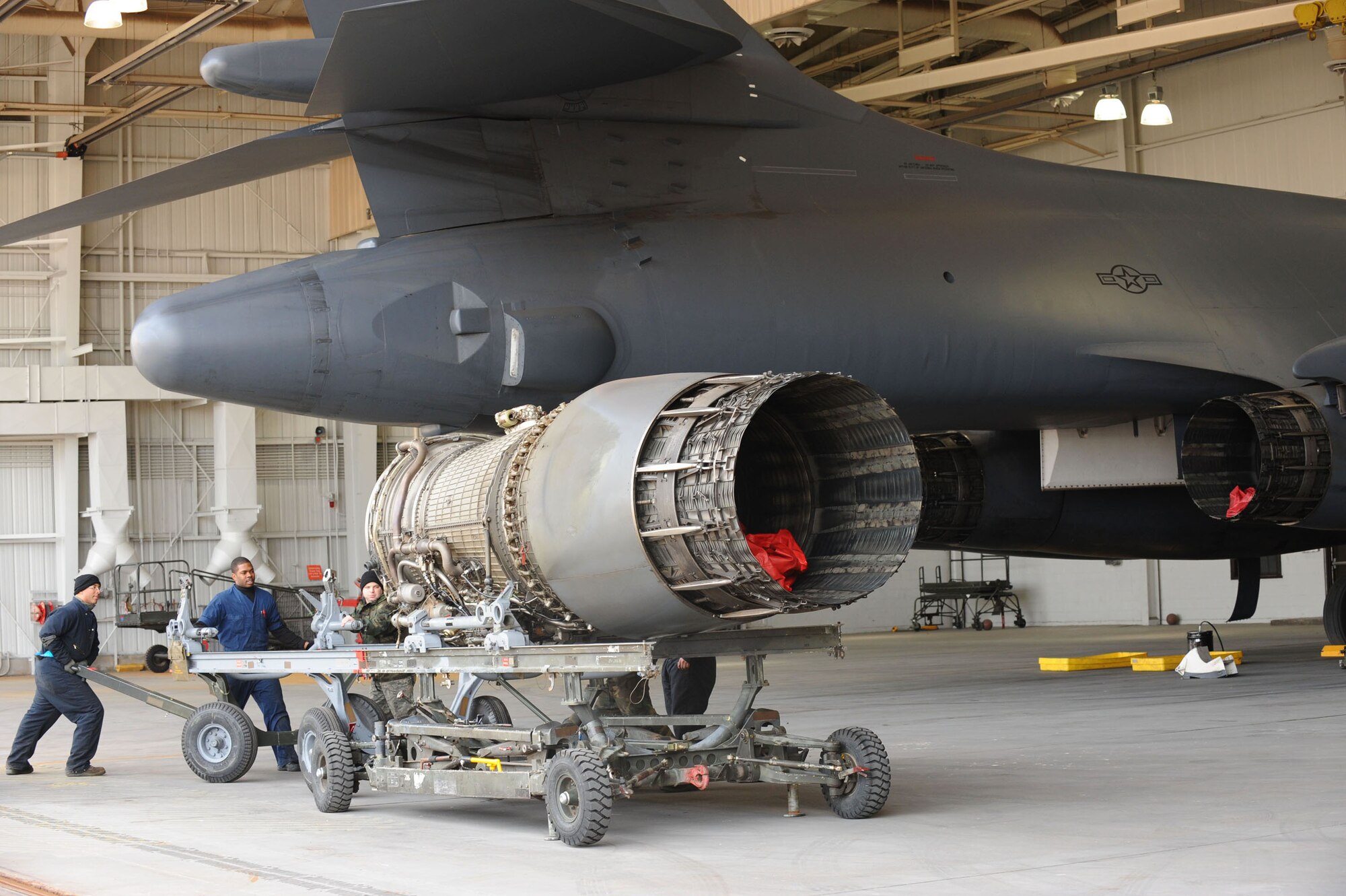 Members of the 7th Bomb Wing perform maintenance on a B-1B Lancer during the operational readiness inspection Jan. 6 at Dyess Air Force Base, Texas. The wing was graded on its ability to generate aircraft, deploy and regenerate aircraft.  (U.S. Air Force photo/Senior Airman Domonique Simmons)