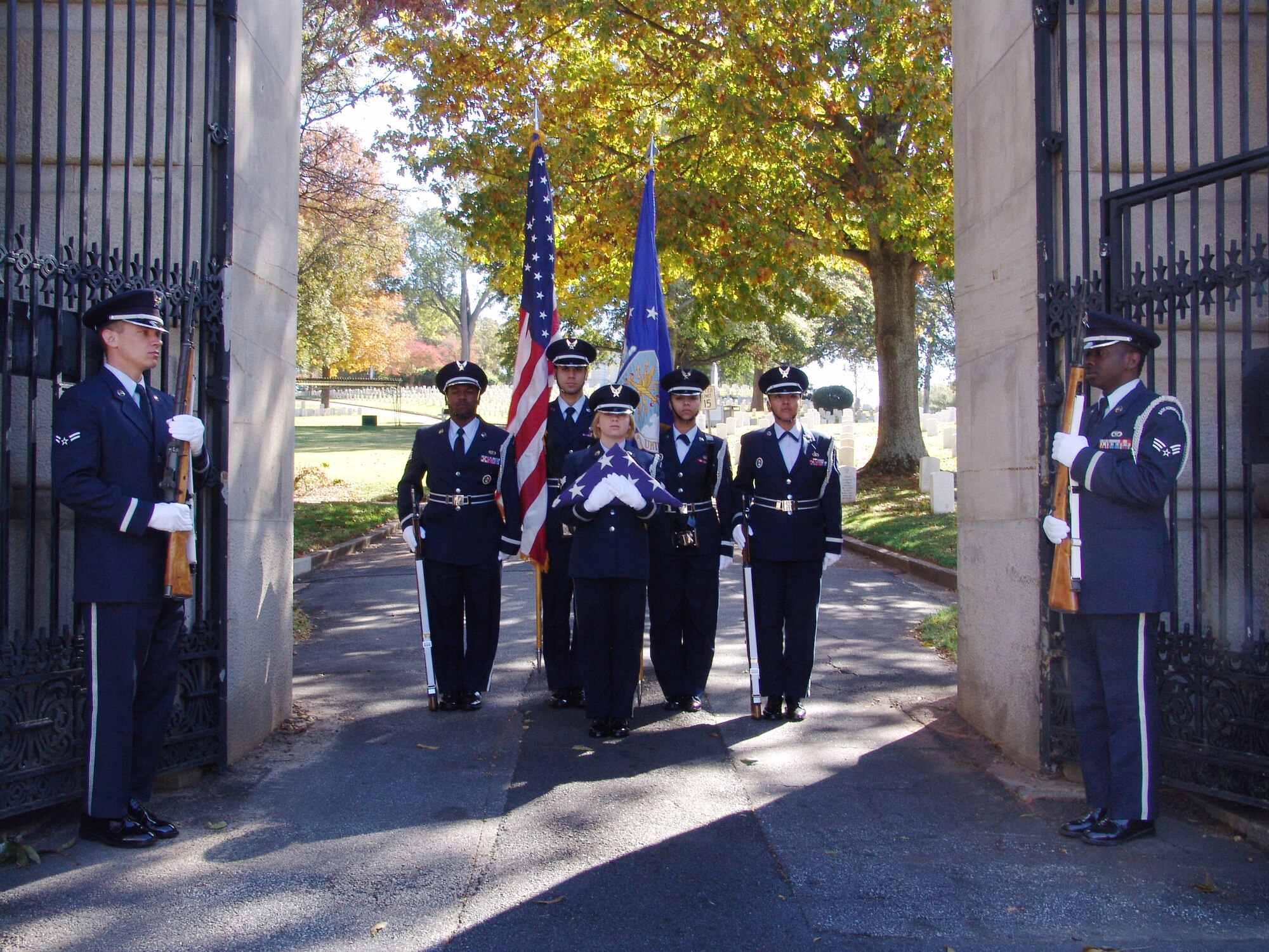 The  78th Air Base Wing Honor Guard conducts military memorial honors at Marietta National Memorial Cemetery. U. S. Air Force photo by SSgt. Marcus Zellner 