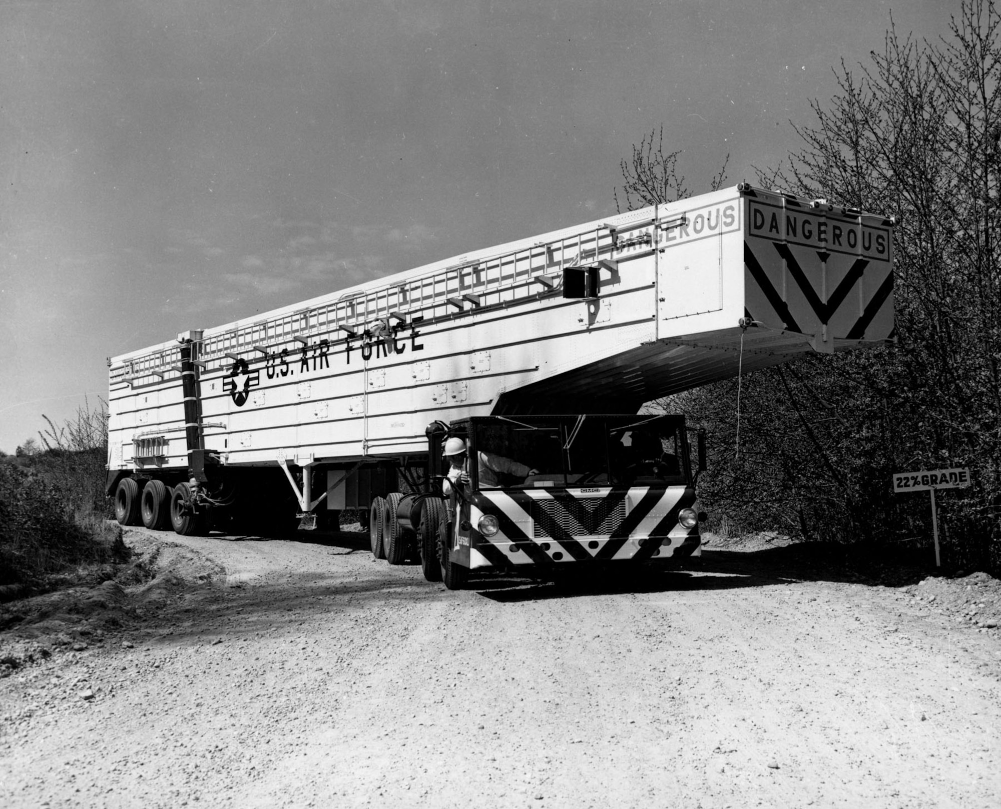 Minuteman missiles are transported overland in a special vehicle called a transporter erector. (U.S. Air Force photo)