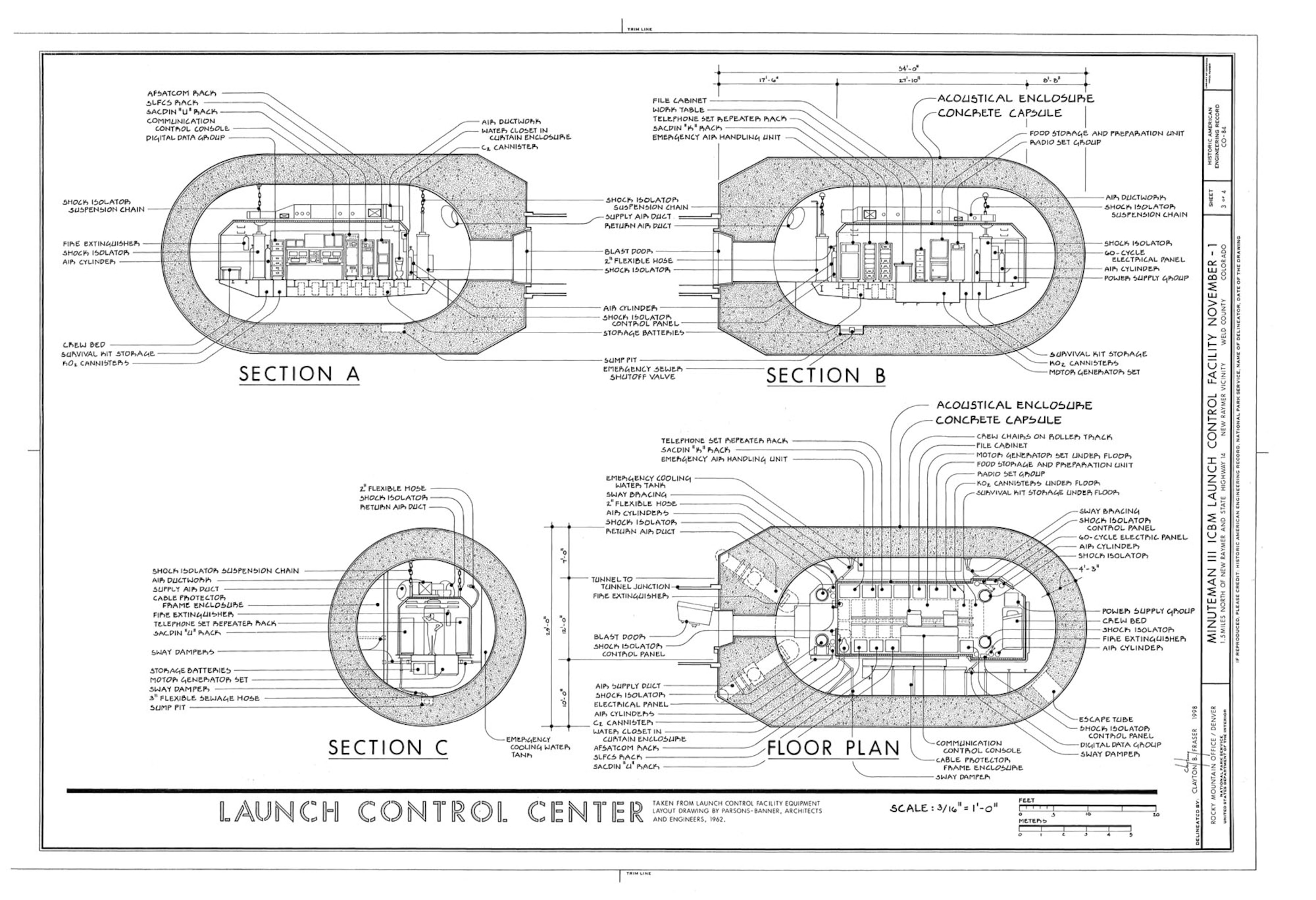 Combat crews work in the Launch Control Center (LCC). The underground “capsule” of thick concrete and steel holds a module much like the trainer you are in now (this drawing shows a Minuteman III LCC). The module is suspended on giant shock isolators to protect the crew and sensitive electronics from nuclear attack. (Historic American Engineering Record, National Park Service, Clayton B. Fraser, 1998.)
