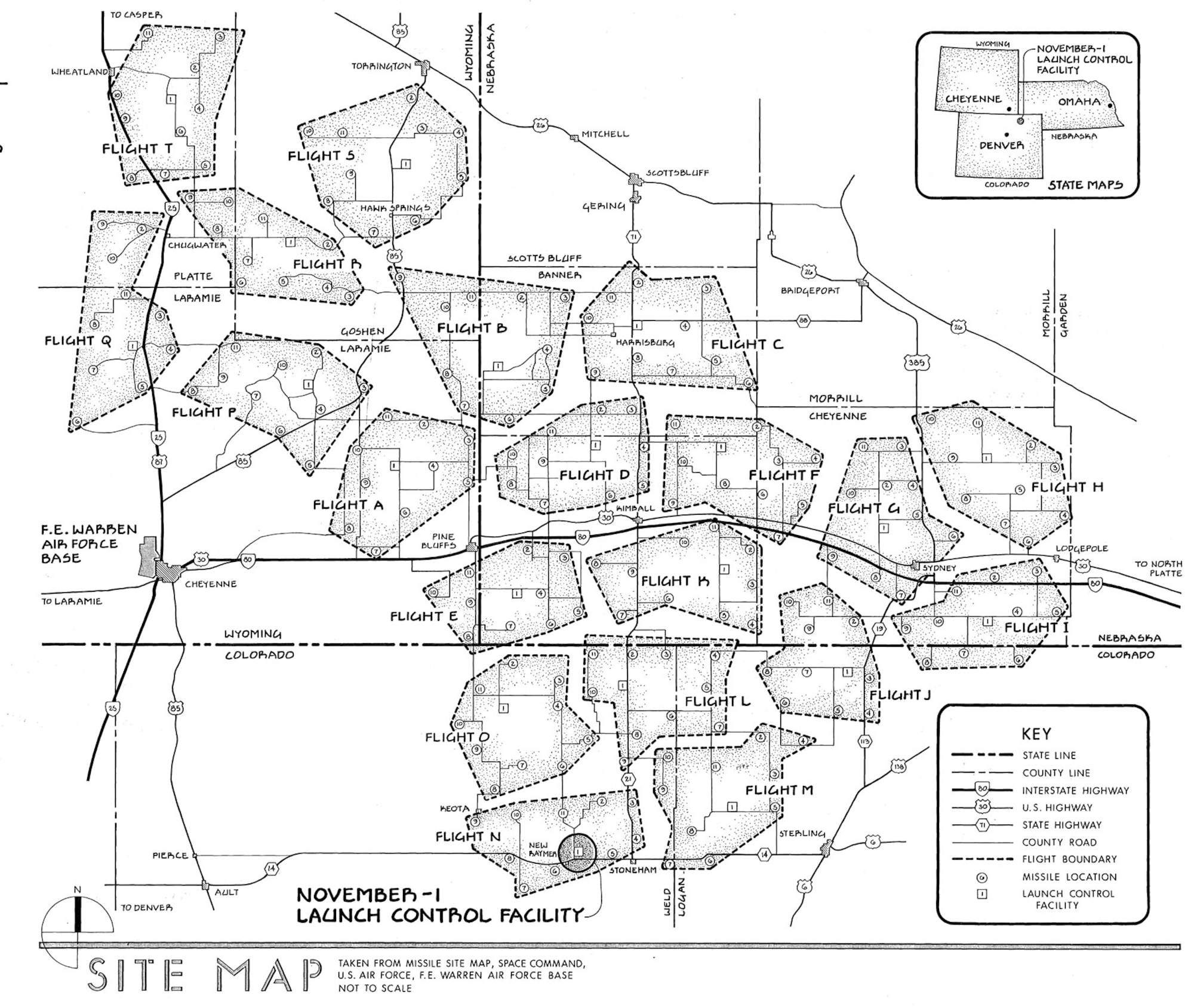 ICBM bases cover thousands of acres because missiles must be widely dispersed to avoid destruction in an enemy attack. This map of missile fields around F.E. Warren AFB, Wyo., shows locations of flights containing 10 missiles each. A single launch control facility served all the missiles in a flight. (Adapted from Historic American Engineering Record, National Park Service, Clayton B. Fraser, 1997.)