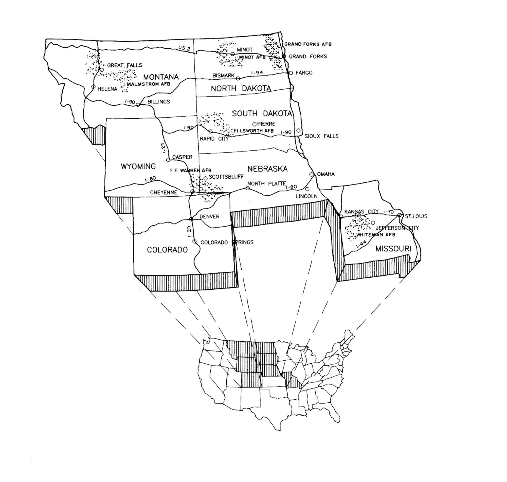 Minuteman bases at the height of the Cold War were located at Malmstrom AFB, Mont.; Ellsworth AFB, S.D.; Minot AFB, N.D.; Whiteman AFB, Mo.; F.E. Warren AFB, Wyo.; and Grand Forks AFB, N.D. Inland locations in sparsely-populated areas were ideal for very large bases that would be targets for enemy missiles. (U.S. Air Force photo)