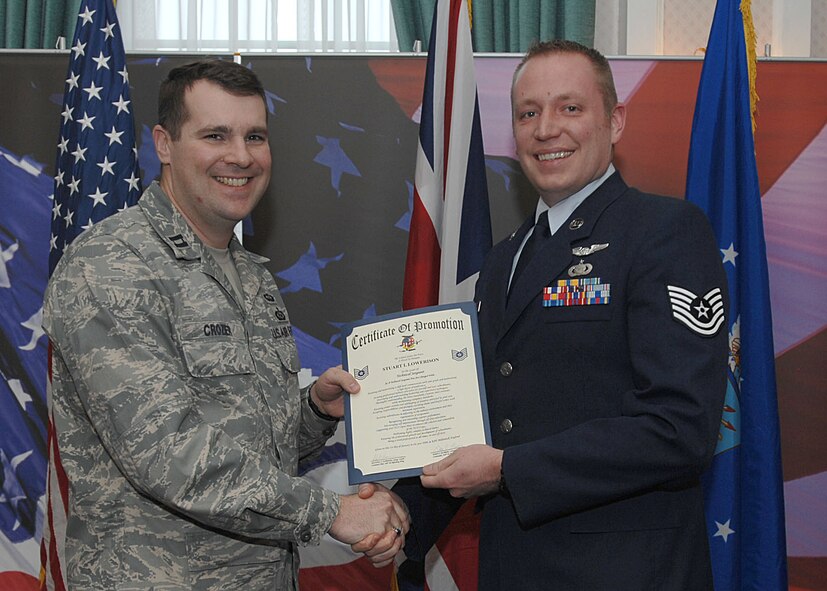 Staff Sgt. Stuart L. Lowerison is promoted to the rank of technical sergeant by Maj. Brian A. Crozier, from the 25th Intelligence Squadron, during a promotion ceremony at Middleton Hall Dec. 31, 2008, in RAF Mildenhall, England. (U.S. Air Force photo by Master Sgt. Sarah Webb)