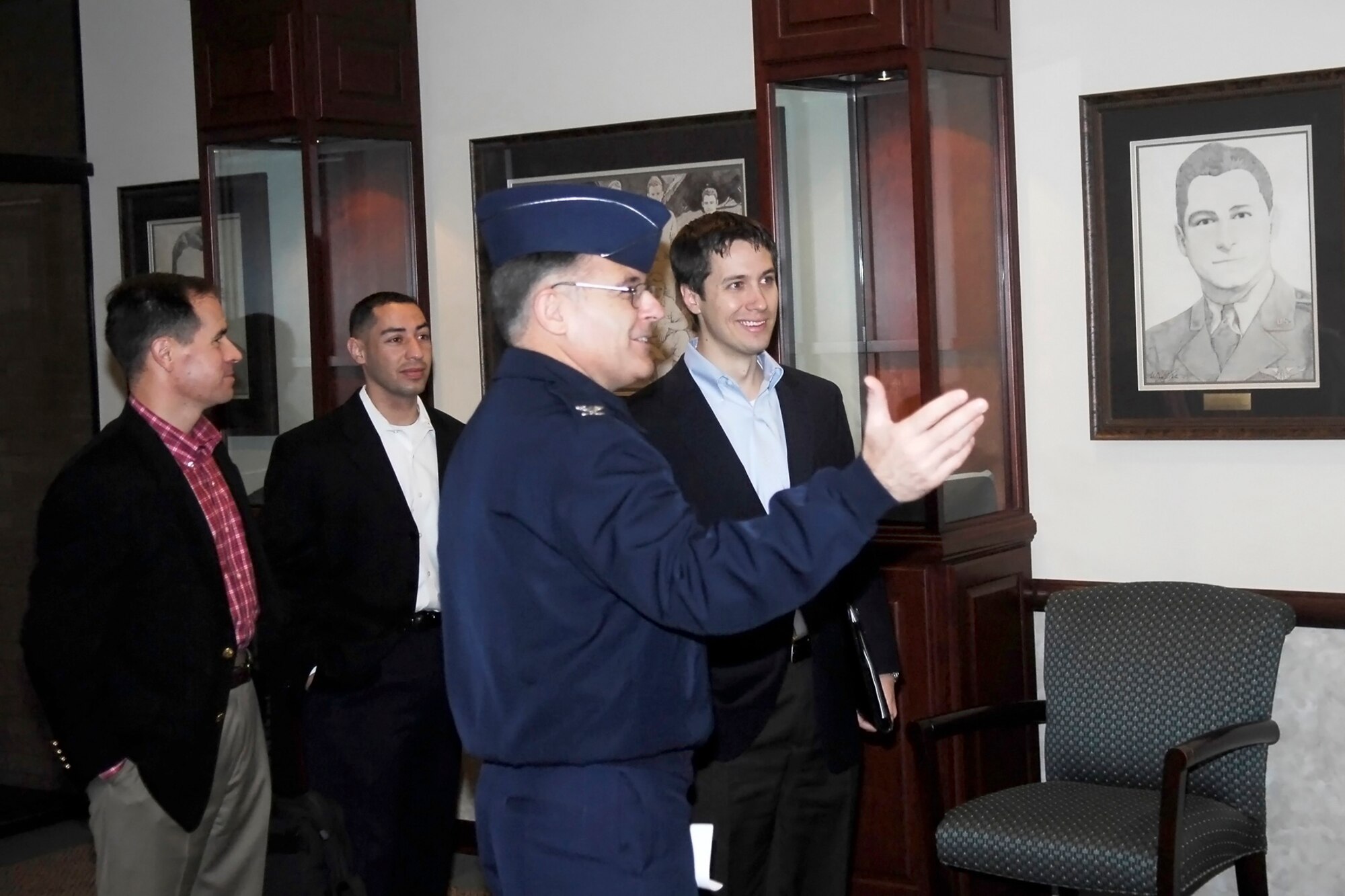Col. John McDonald, 43rd Airlift Wing Commander shows Kevin Kane, Military Liaison Advisor, and other representative’s from North Carolina Sen. Richard Burr’s office, the wing headquarters building during their visit to Pope Monday. Mr. Kane and the other representatives received tours of Pope and received mission briefings throughout their visit. (U.S. Air Force Photo by Mike Murchison)