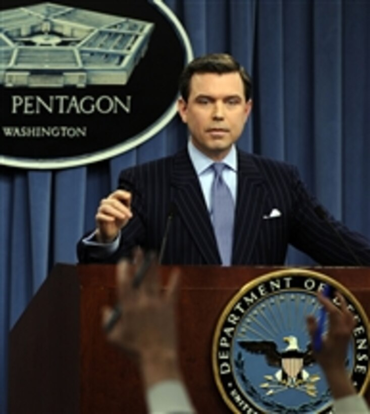 Pentagon Press Secretary Geoff Morrell calls on a reporter for a question during a press briefing in the Pentagon on Jan. 8, 2008.  